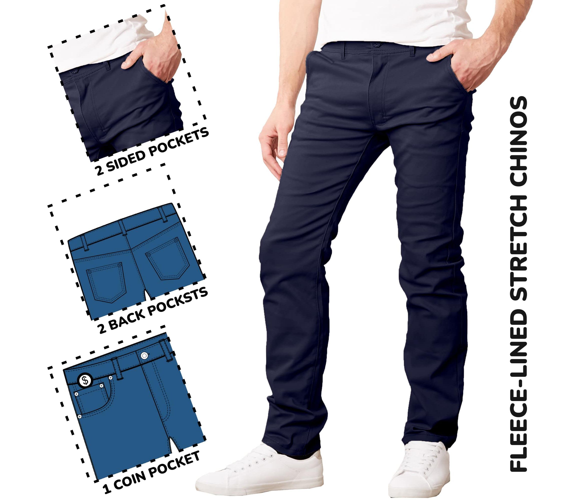 JumpStart Men’s Slim Fit  Heavyweight Fleece-Lined Stretch Chino Uniform Work Pants -3 Pack