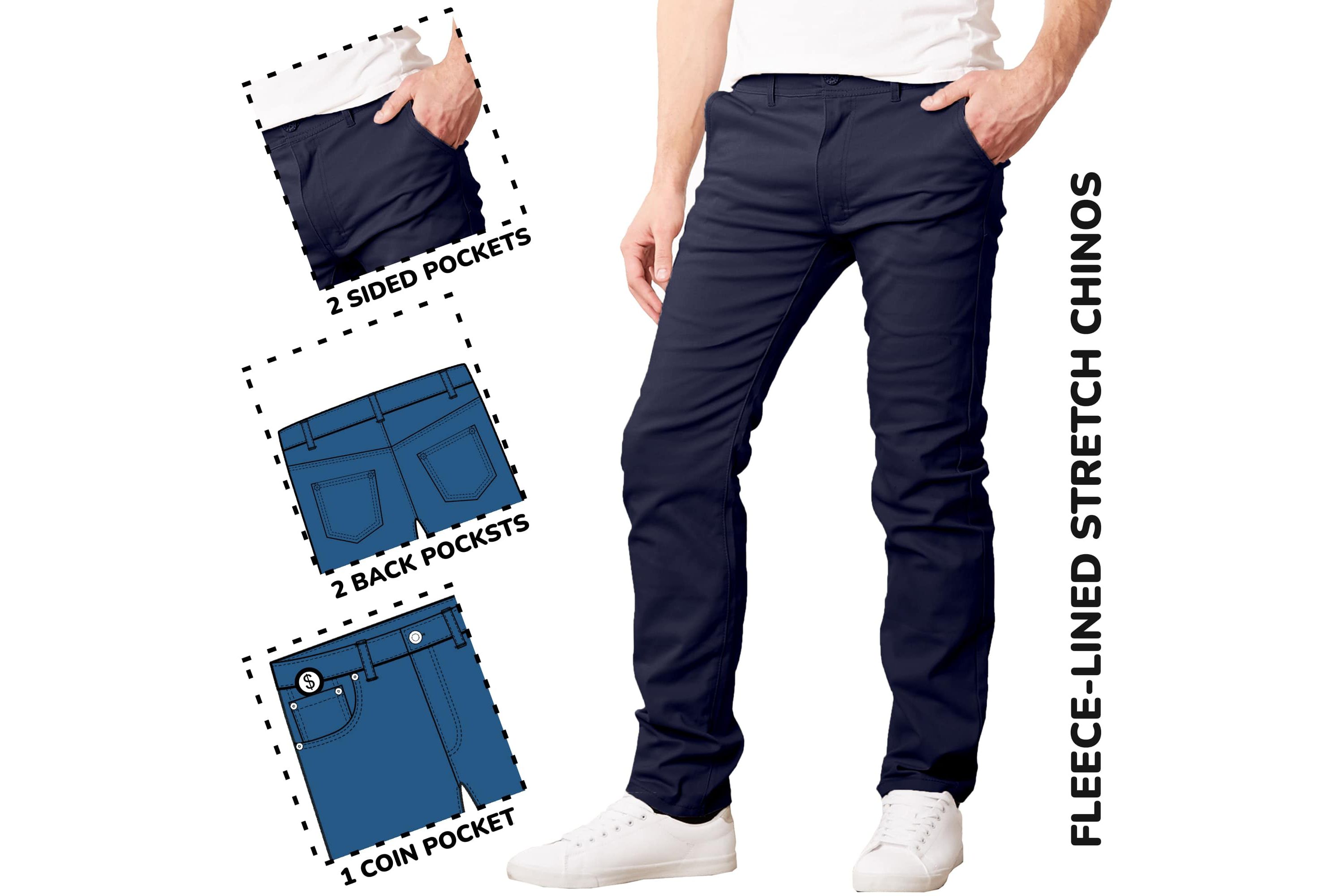 JumpStart Men’s Slim Fit  Heavyweight Fleece-Lined Stretch Chino Uniform Work Pants -3 Pack