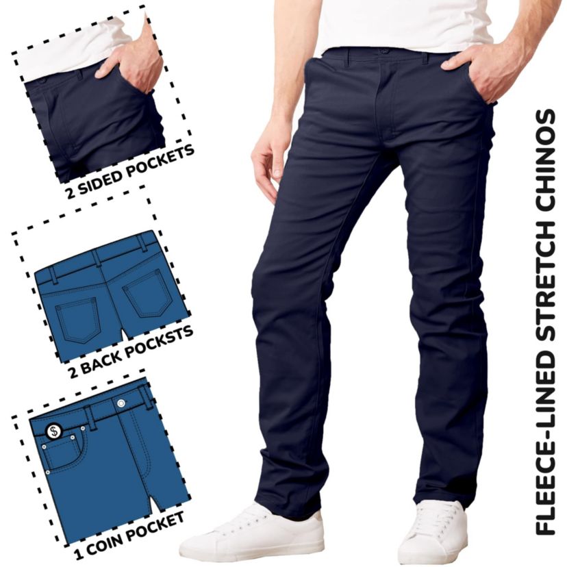 JumpStart Men’s Slim Fit  Heavyweight Fleece-Lined Stretch Chino Uniform Work Pants -3 Pack