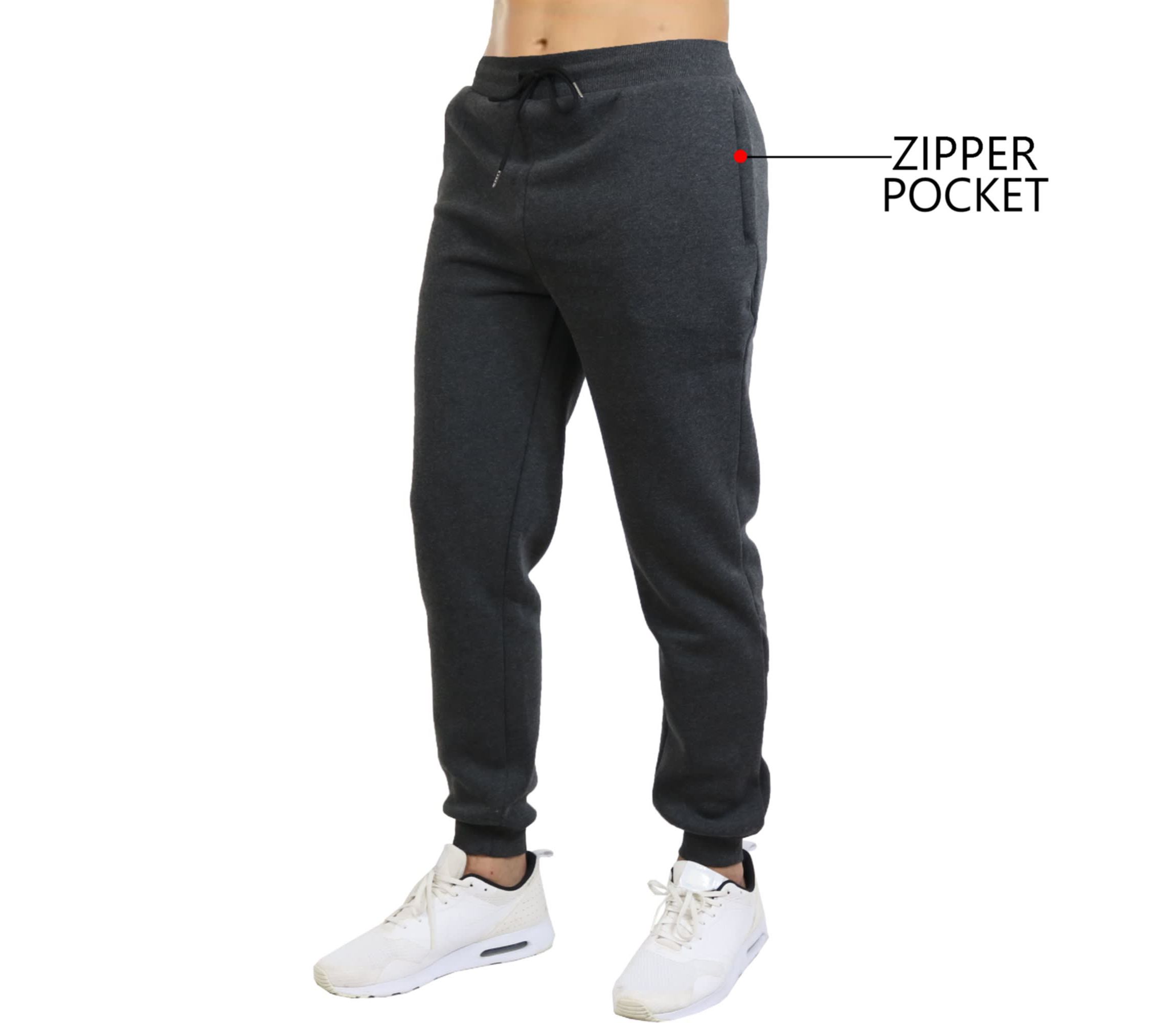 Mens Fleece Jogger Sweatpants With Zipper Side Pockets- 3 Pack