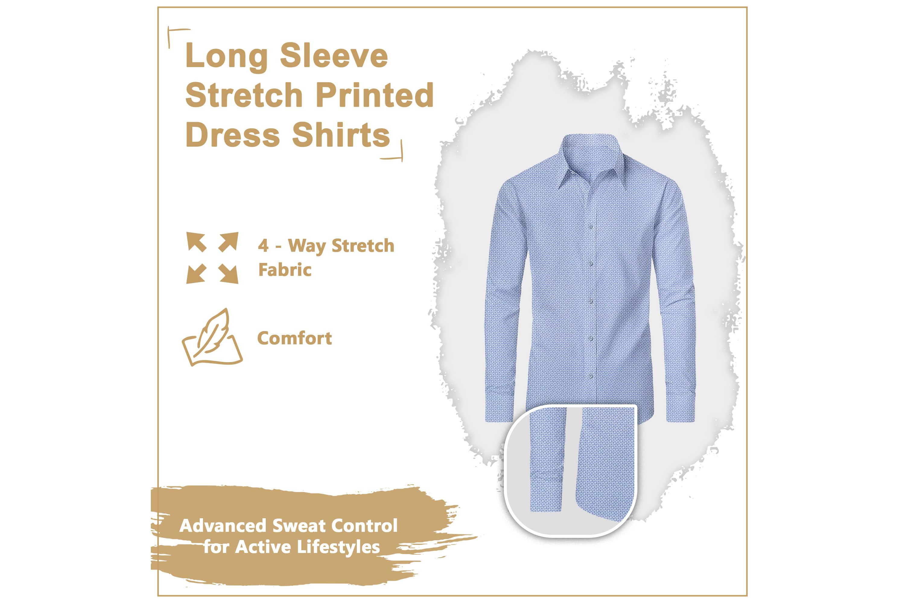 Mens Slim Fit Long Sleeve Stretch Printed Dress Shirts