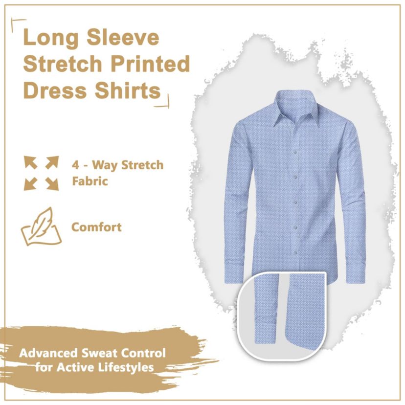 Mens Slim Fit Long Sleeve Stretch Printed Dress Shirts