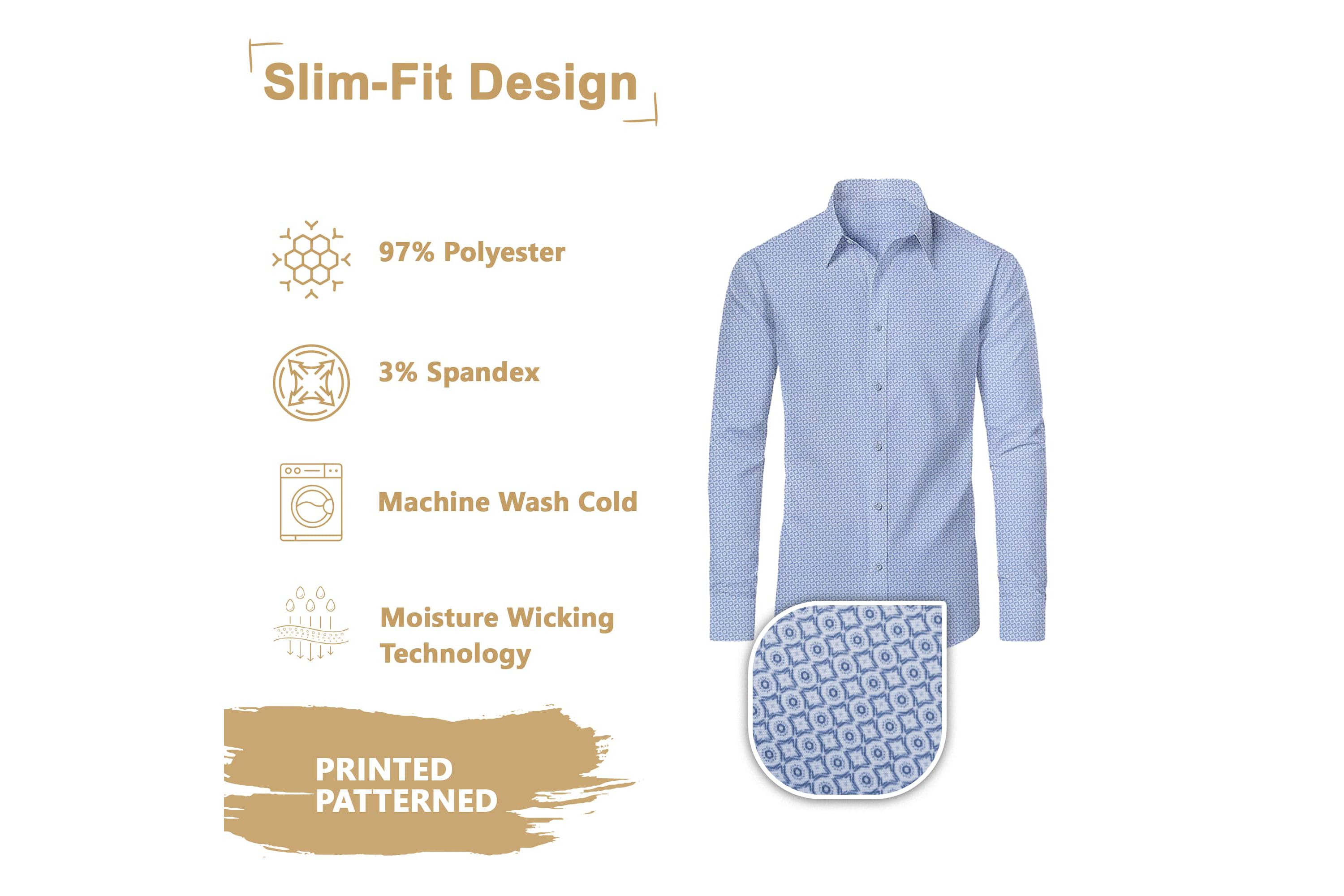 Mens Slim Fit Long Sleeve Stretch Printed Dress Shirts