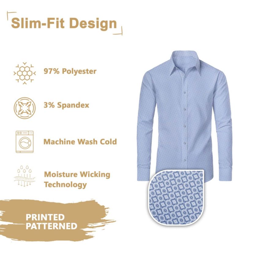 Mens Slim Fit Long Sleeve Stretch Printed Dress Shirts