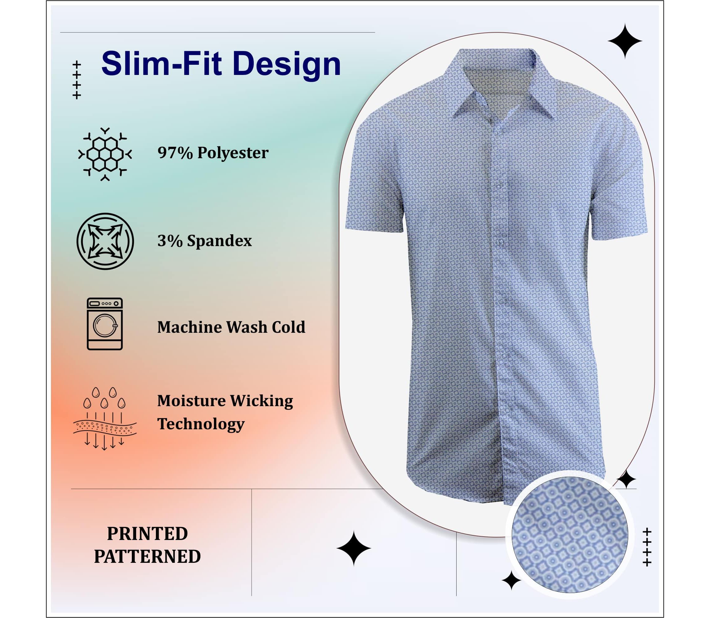 Mens Slim Fit Short Sleeve Stretch Printed Dress Shirts