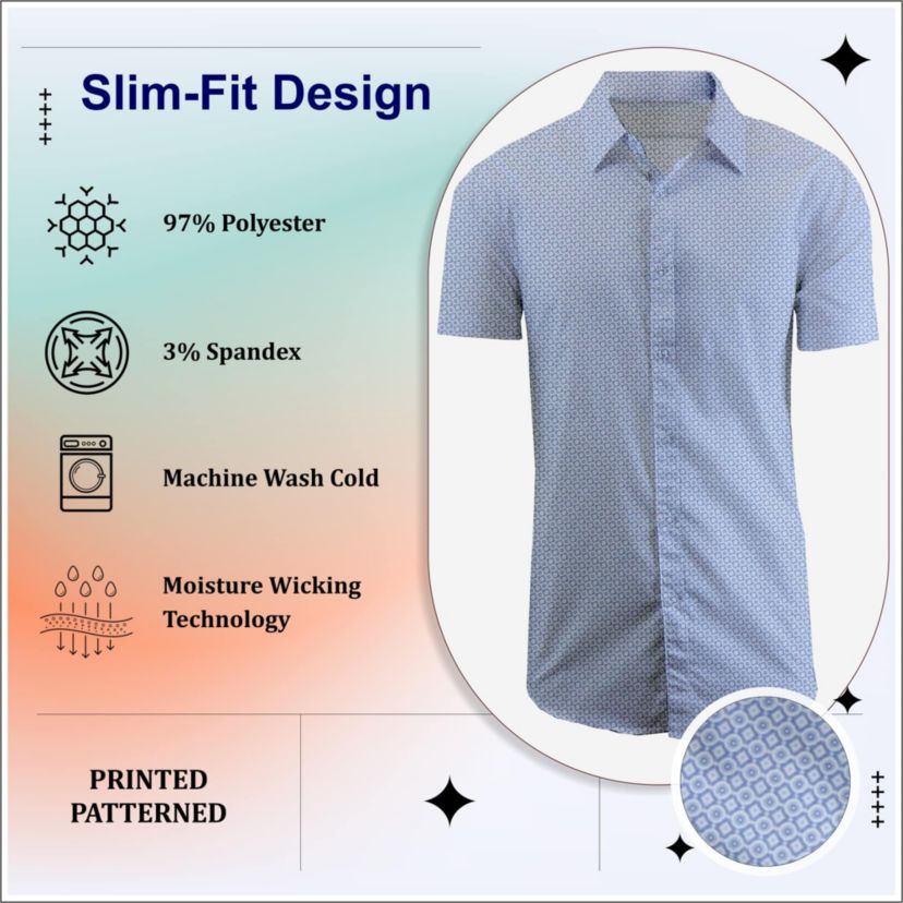 Mens Slim Fit Short Sleeve Stretch Printed Dress Shirts