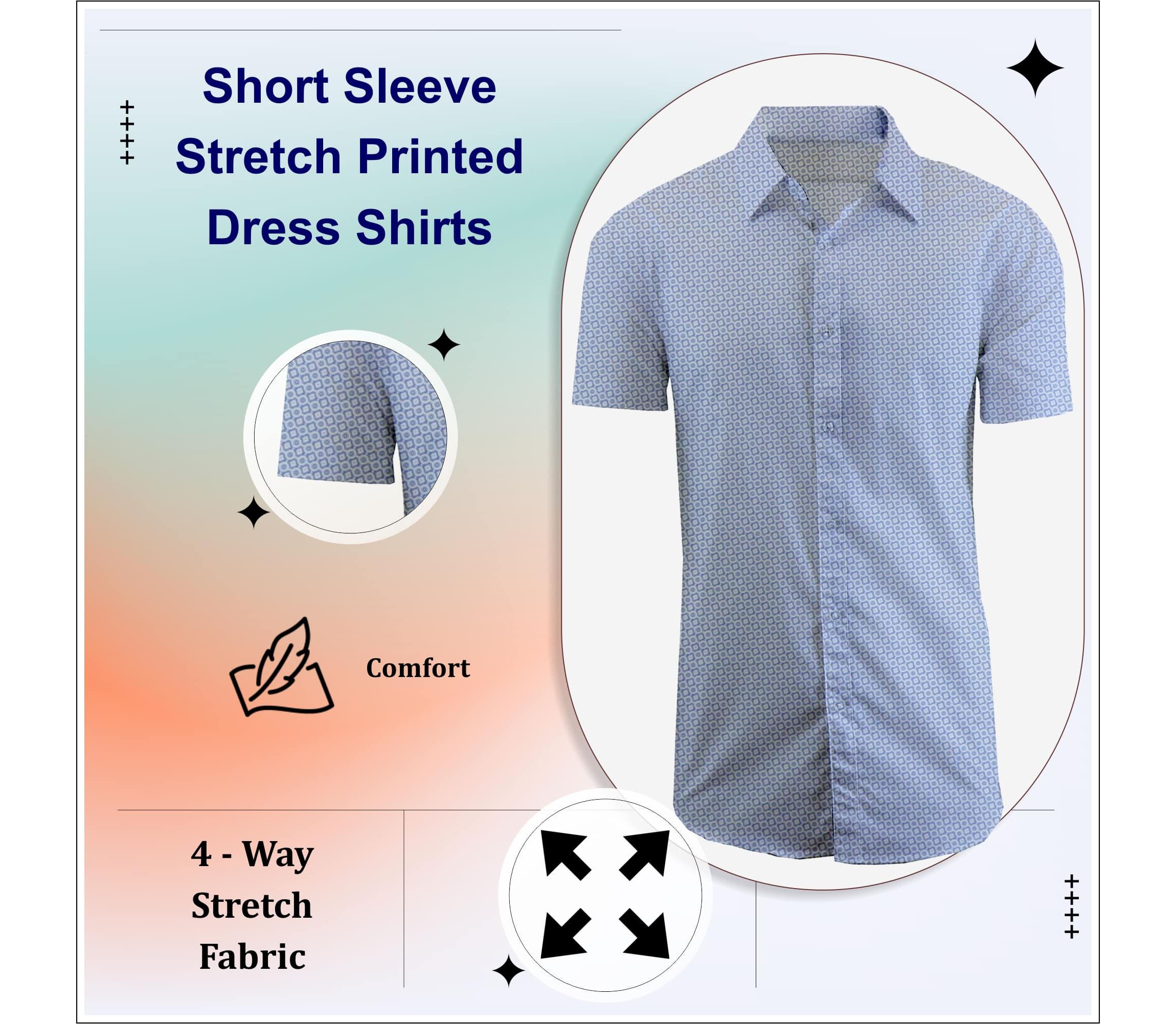 Mens Slim Fit Short Sleeve Stretch Printed Dress Shirts
