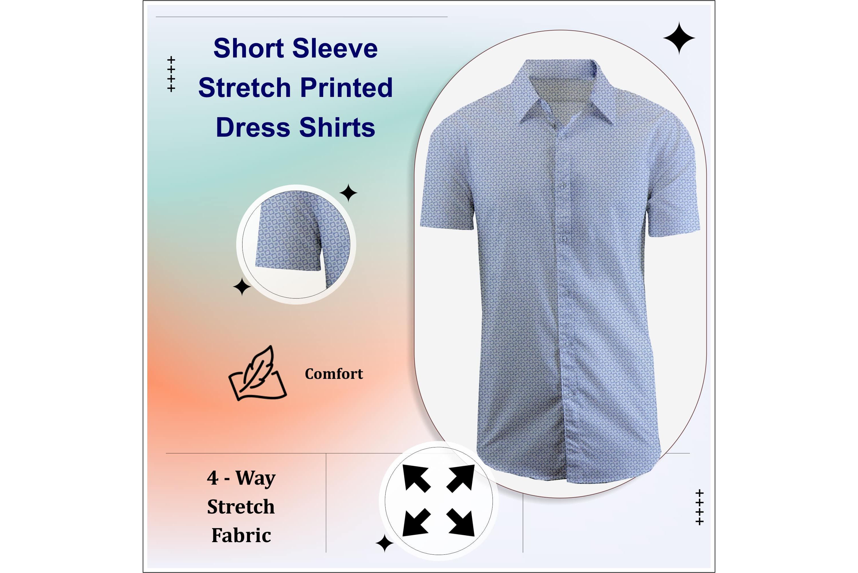 Mens Slim Fit Short Sleeve Stretch Printed Dress Shirts