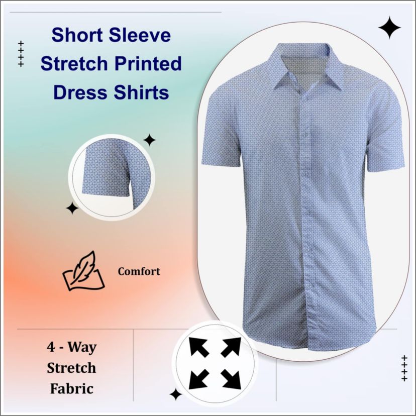 Mens Slim Fit Short Sleeve Stretch Printed Dress Shirts