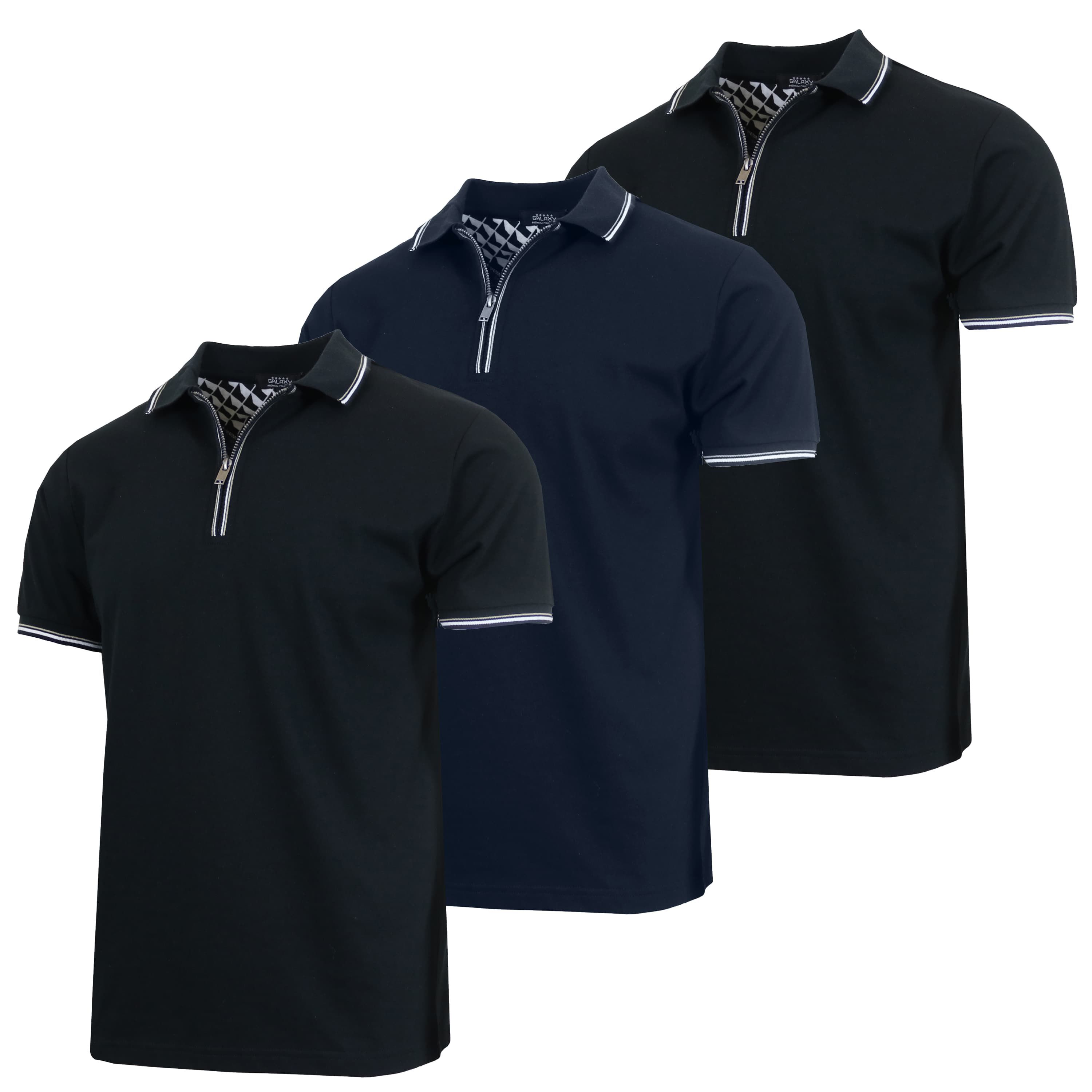 Galaxy By Harvic Men’s Modern Fit Polo Shirt with Zip Placket-3 Pack