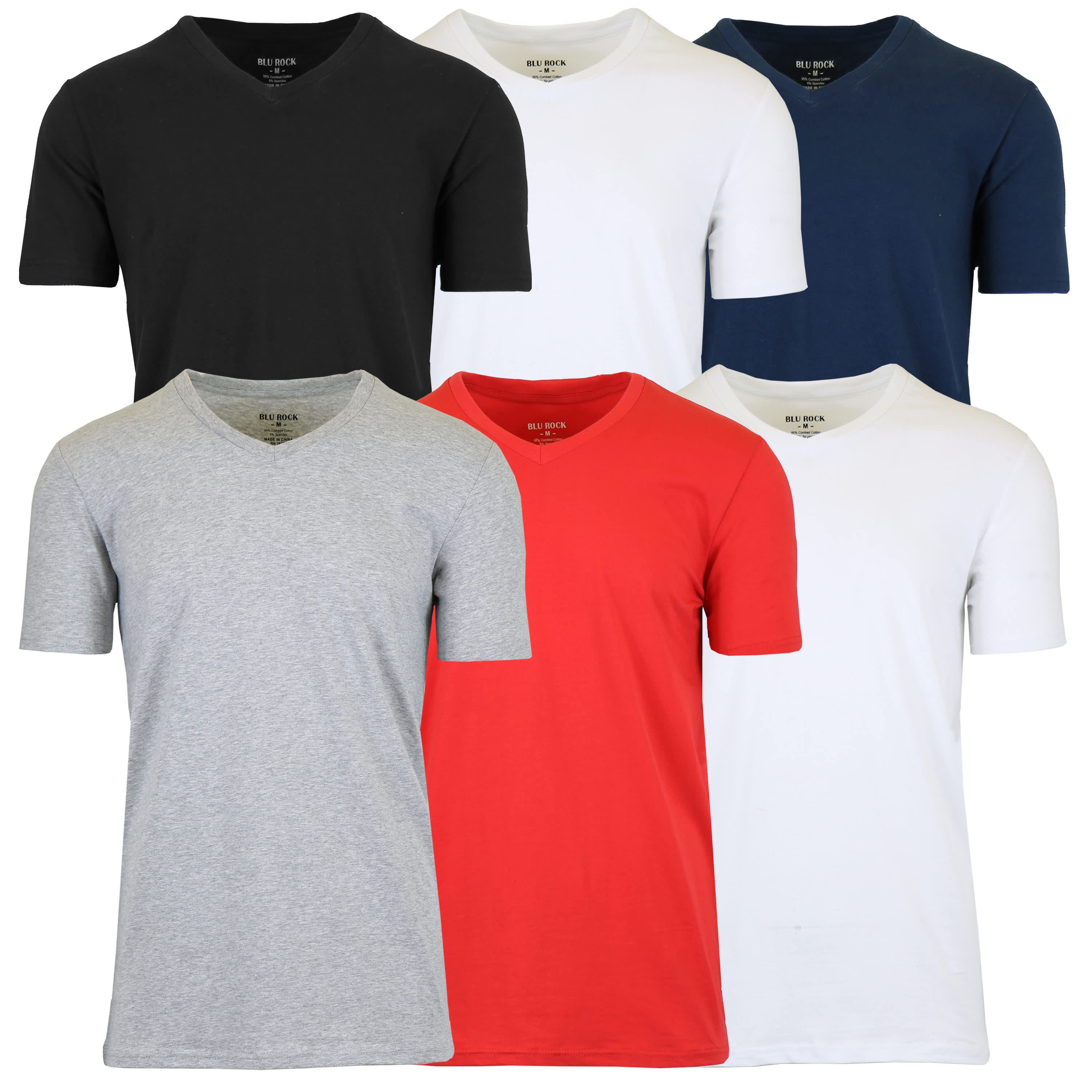 Blu Rock Mens Short Sleeve V-Neck Cotton Stretch Tees-6 Pack