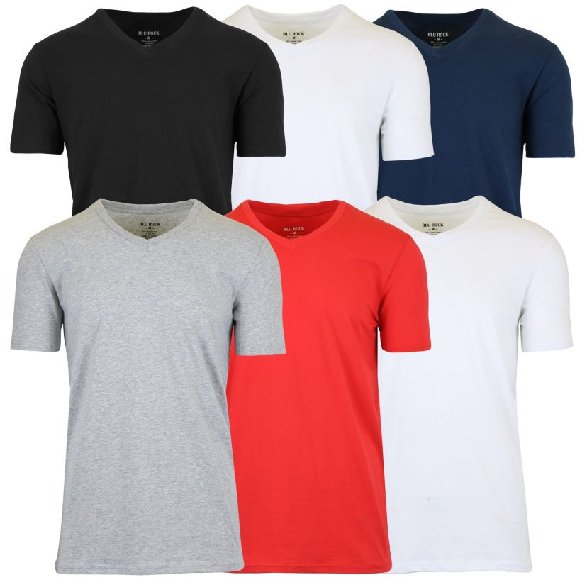 Blu Rock Mens Short Sleeve V-Neck Cotton Stretch Tees-6 Pack