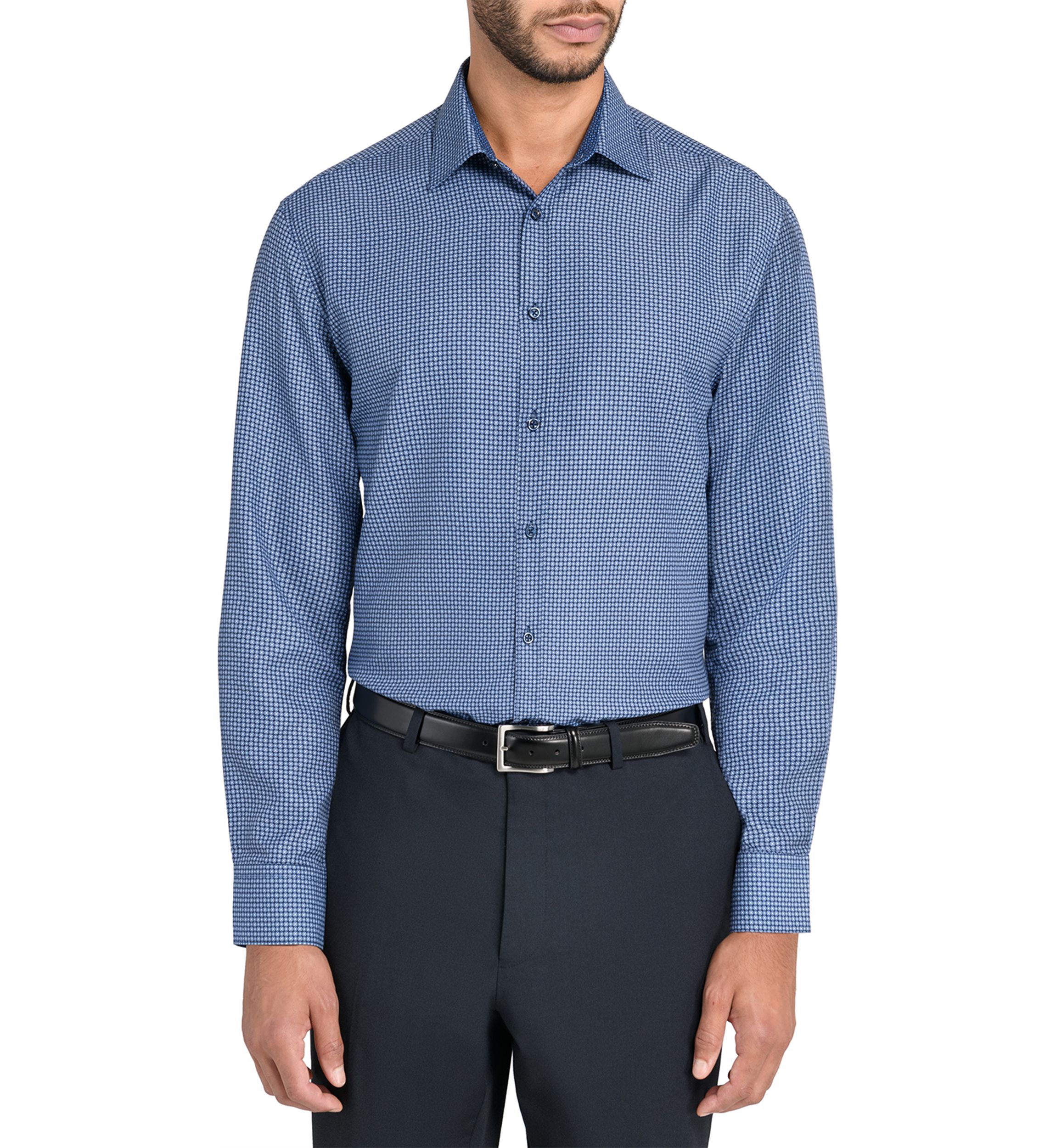  Slim Fit Navy Square Print Performance Stretch Dress Shirt
