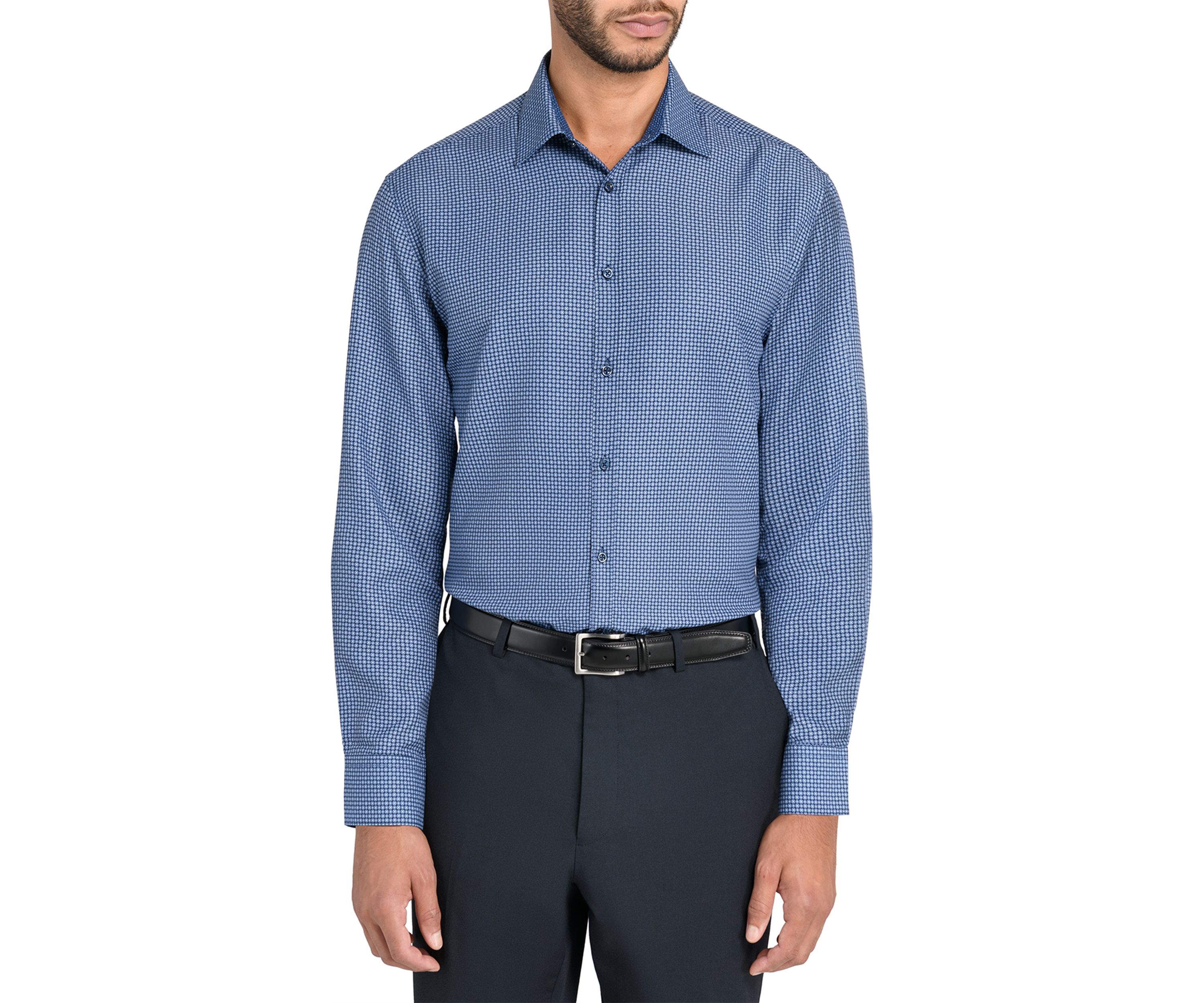  Slim Fit Navy Square Print Performance Stretch Dress Shirt