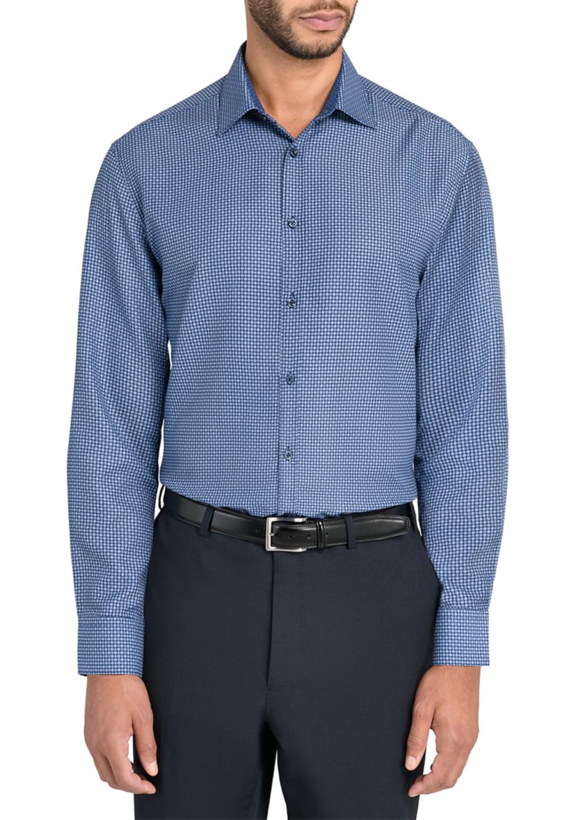  Slim Fit Navy Square Print Performance Stretch Dress Shirt