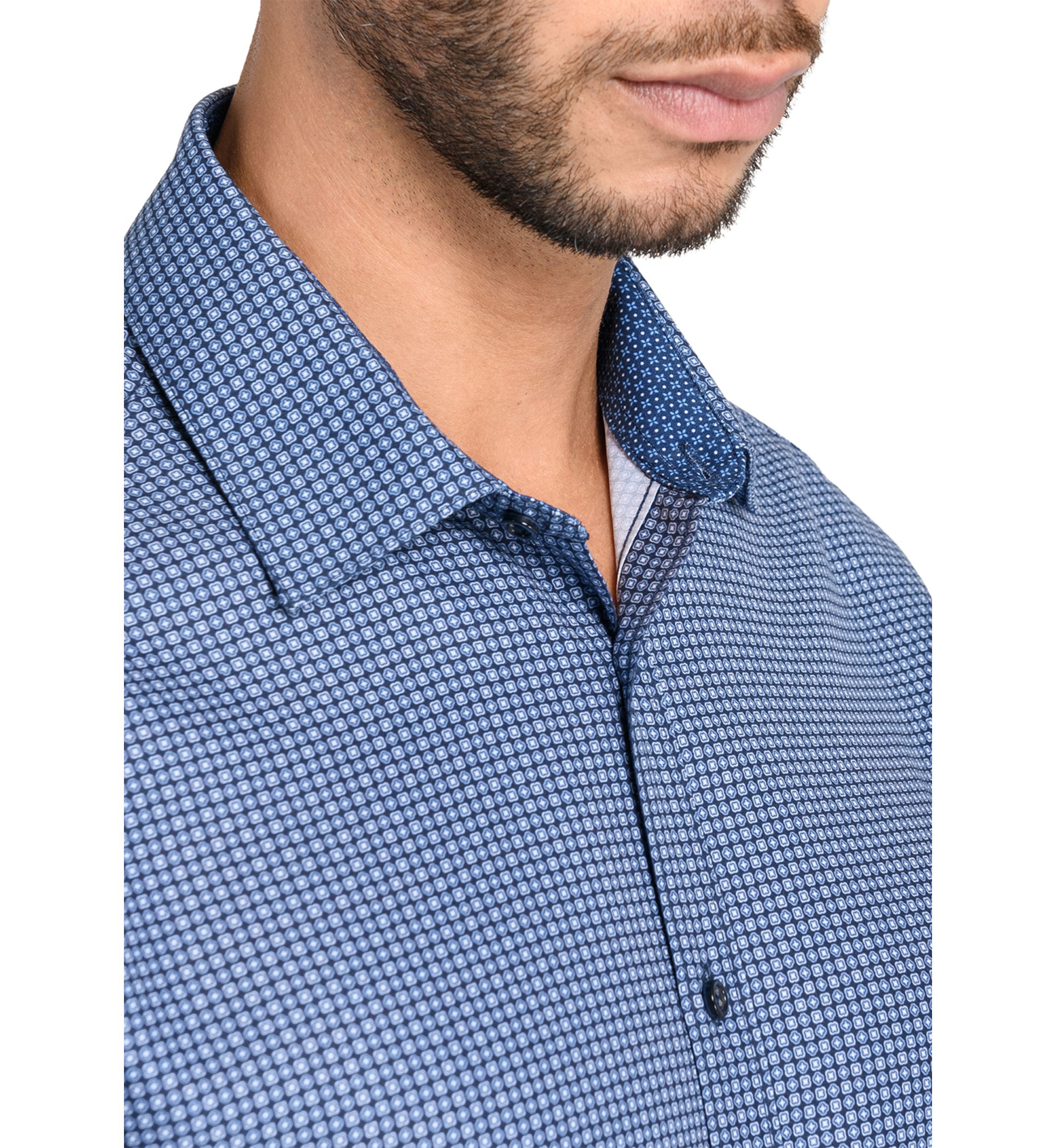  Slim Fit Navy Square Print Performance Stretch Dress Shirt