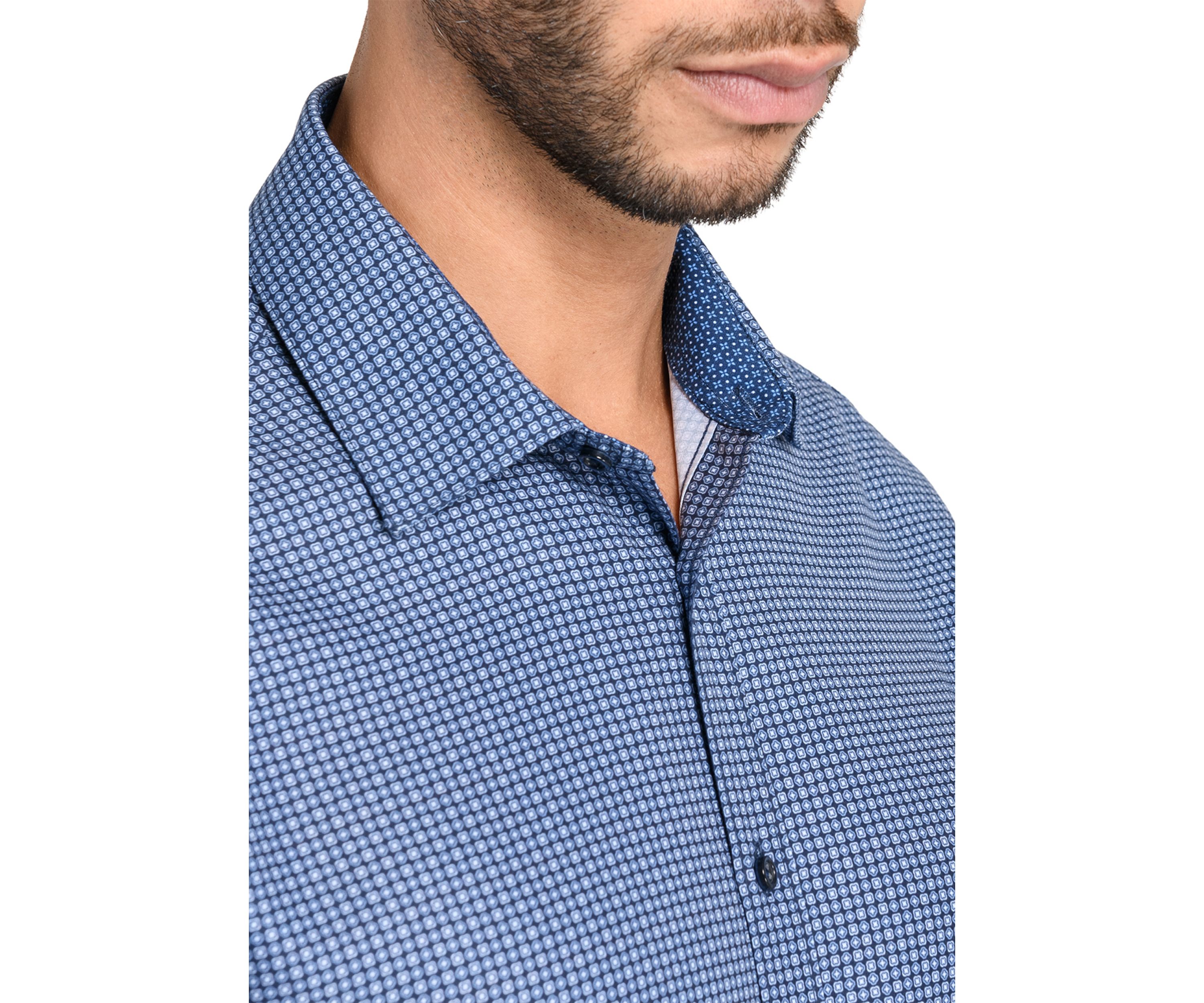  Slim Fit Navy Square Print Performance Stretch Dress Shirt