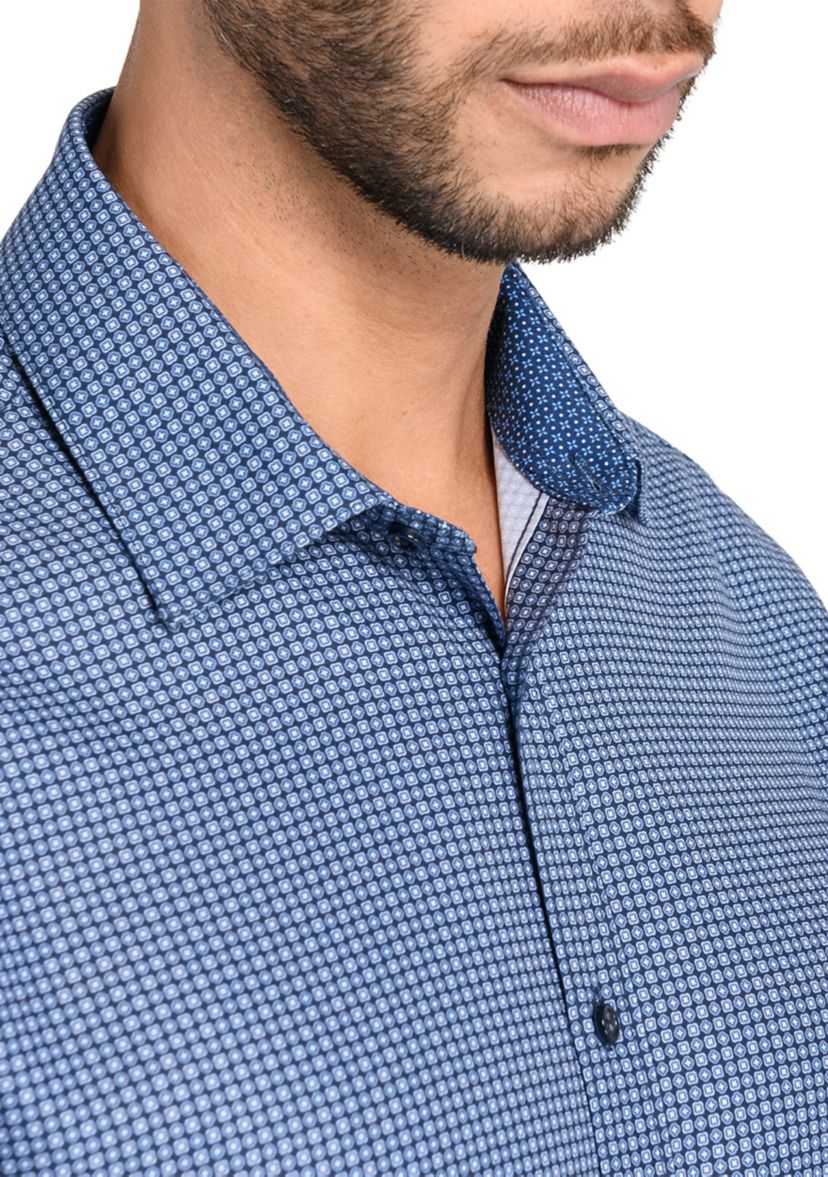  Slim Fit Navy Square Print Performance Stretch Dress Shirt