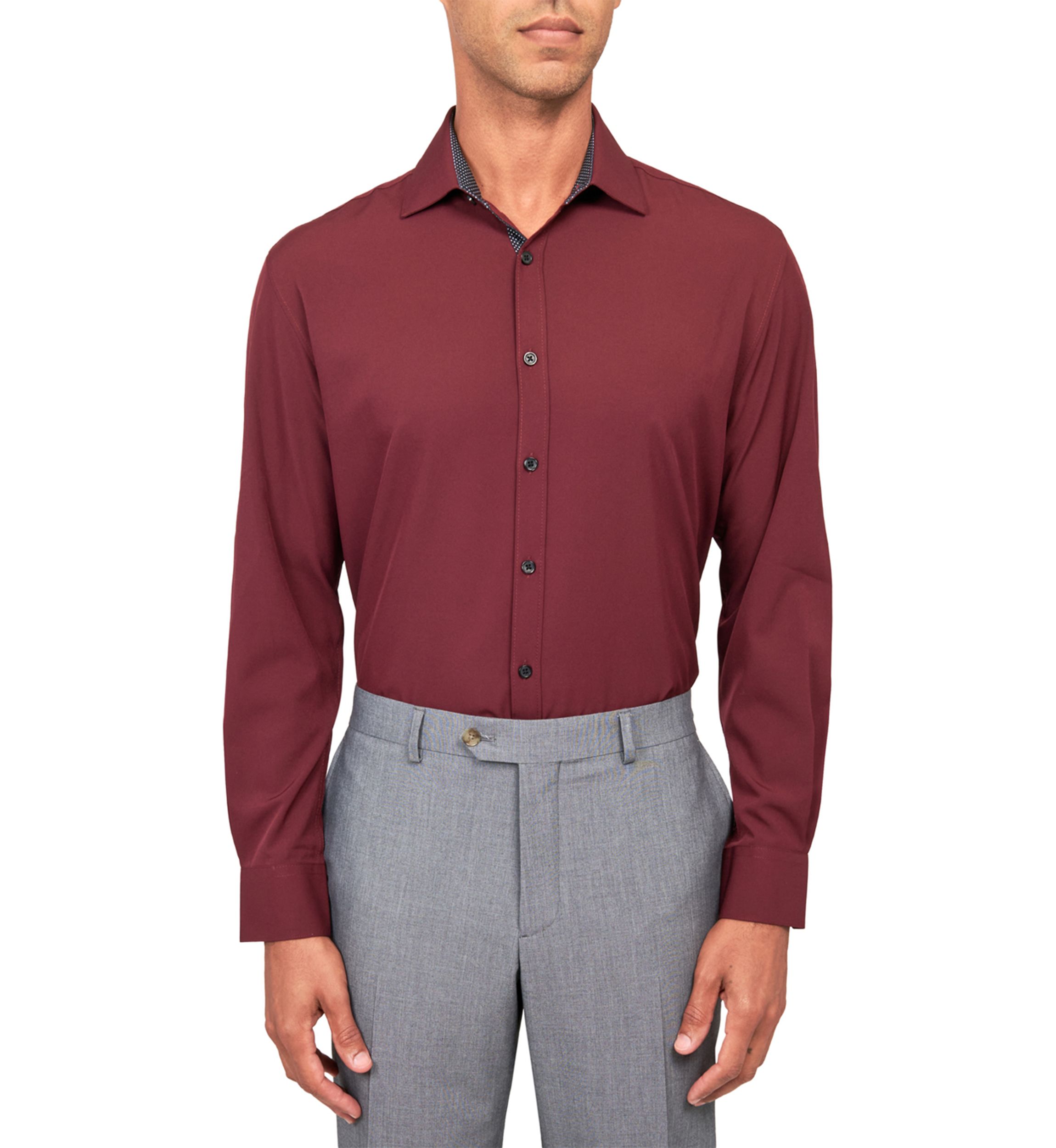 Mens Slim Fit Burgundy Solid Performance Stretch Dress Shirt