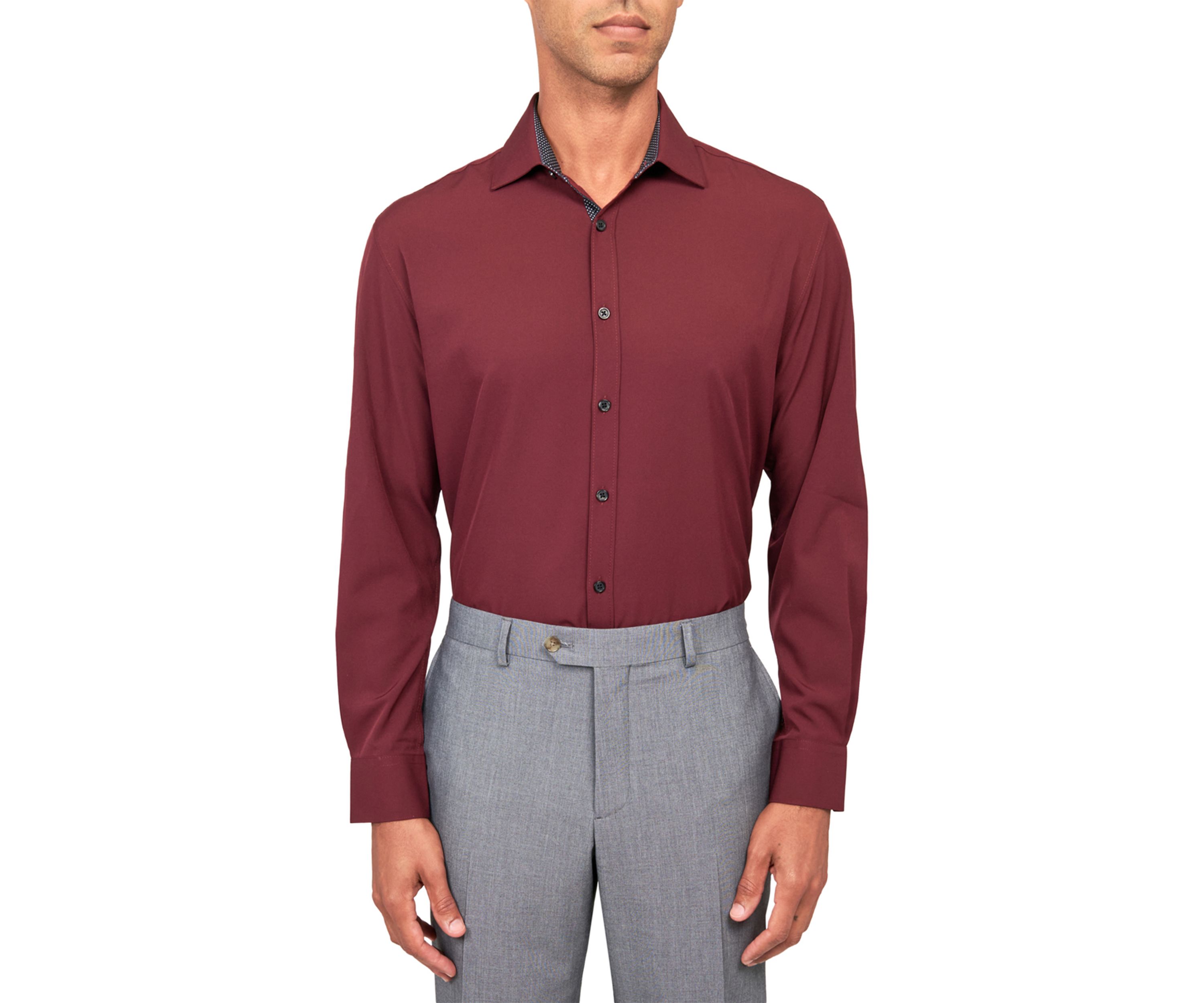 Mens Slim Fit Burgundy Solid Performance Stretch Dress Shirt