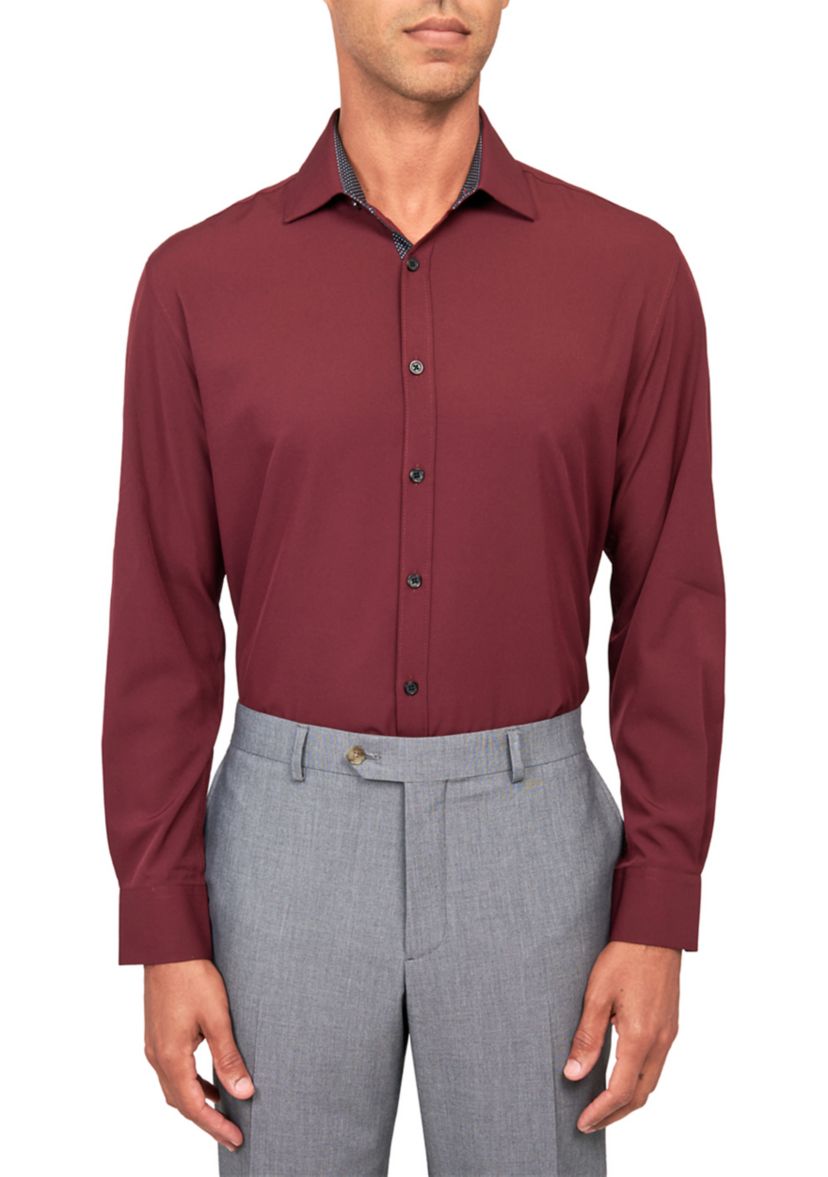 Mens Slim Fit Burgundy Solid Performance Stretch Dress Shirt