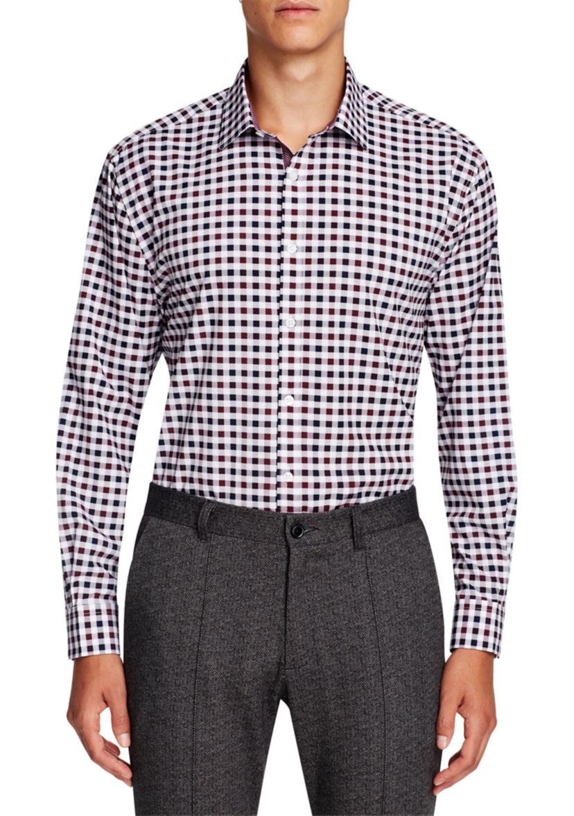 Mens Slim Fit Gingham Performance Stretch Dress Shirt