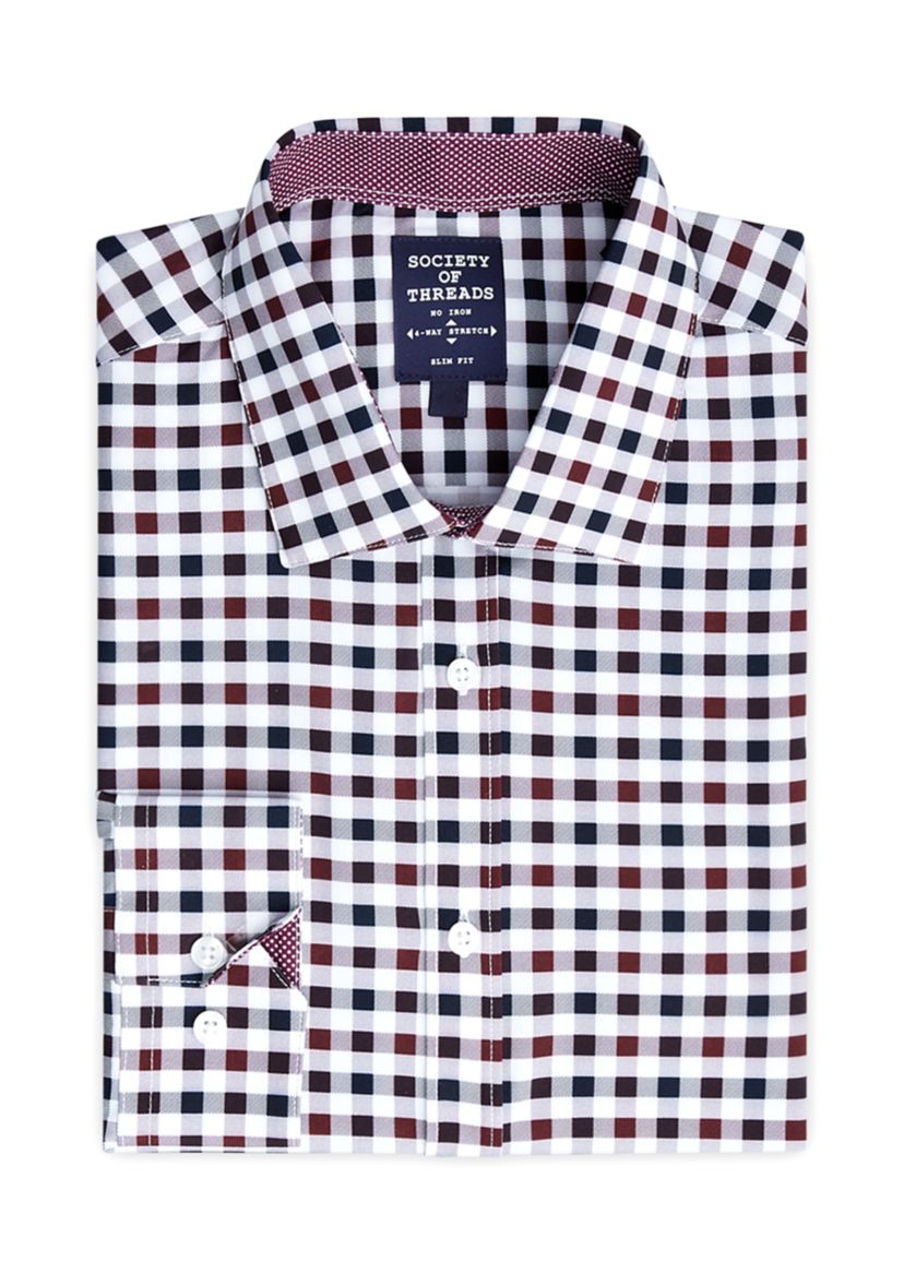 Mens Slim Fit Gingham Performance Stretch Dress Shirt