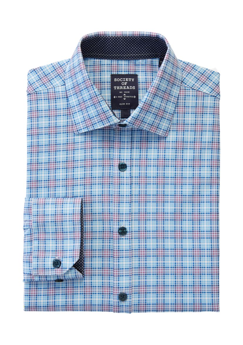 Mens Slim Fit Plaid Performance Stretch Dress Shirt