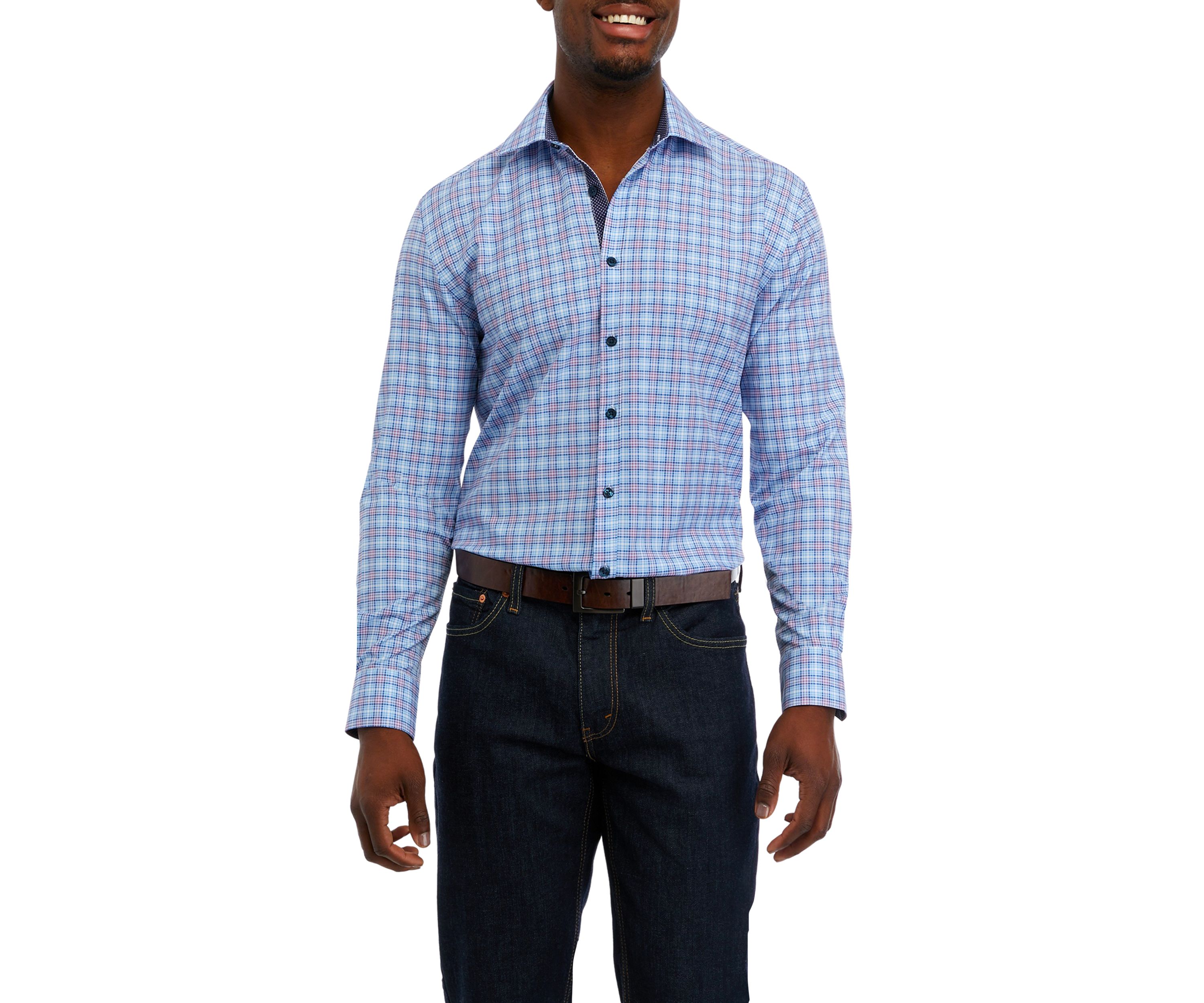 Mens Slim Fit Plaid Performance Stretch Dress Shirt