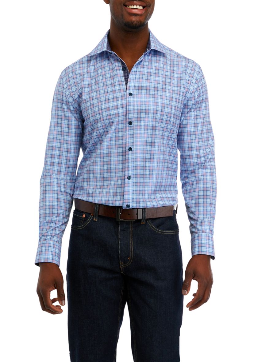 Mens Slim Fit Plaid Performance Stretch Dress Shirt