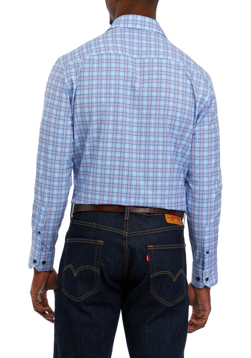 Mens Slim Fit Plaid Performance Stretch Dress Shirt