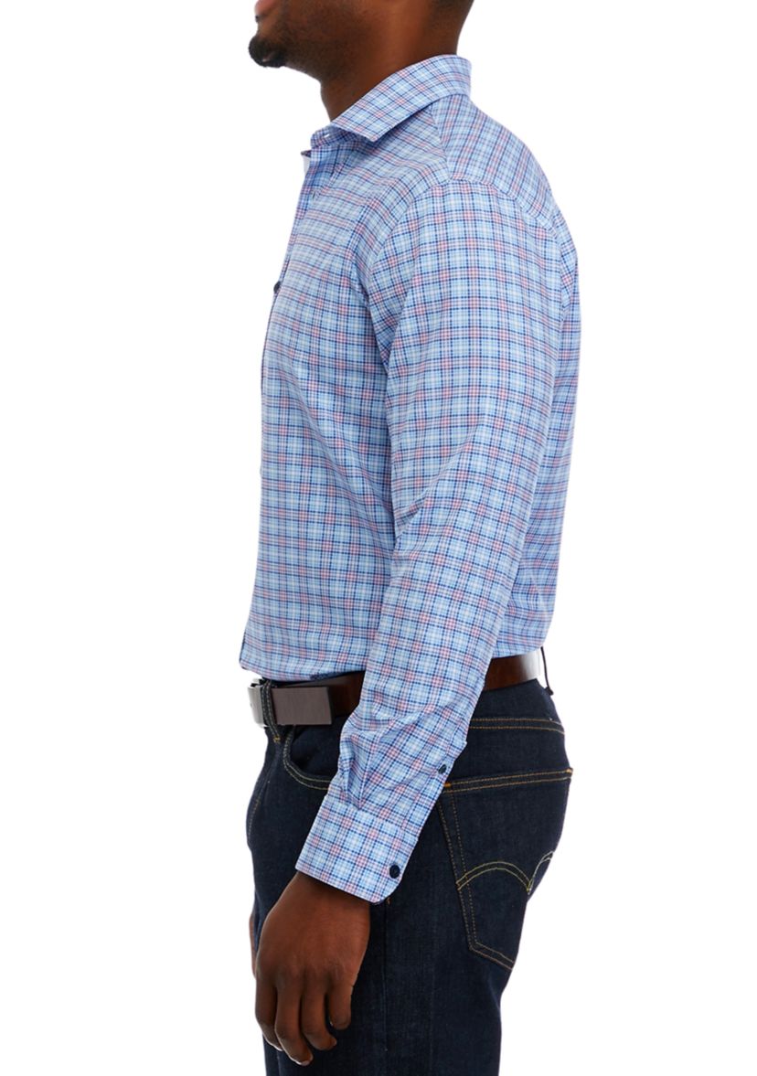 Mens Slim Fit Plaid Performance Stretch Dress Shirt
