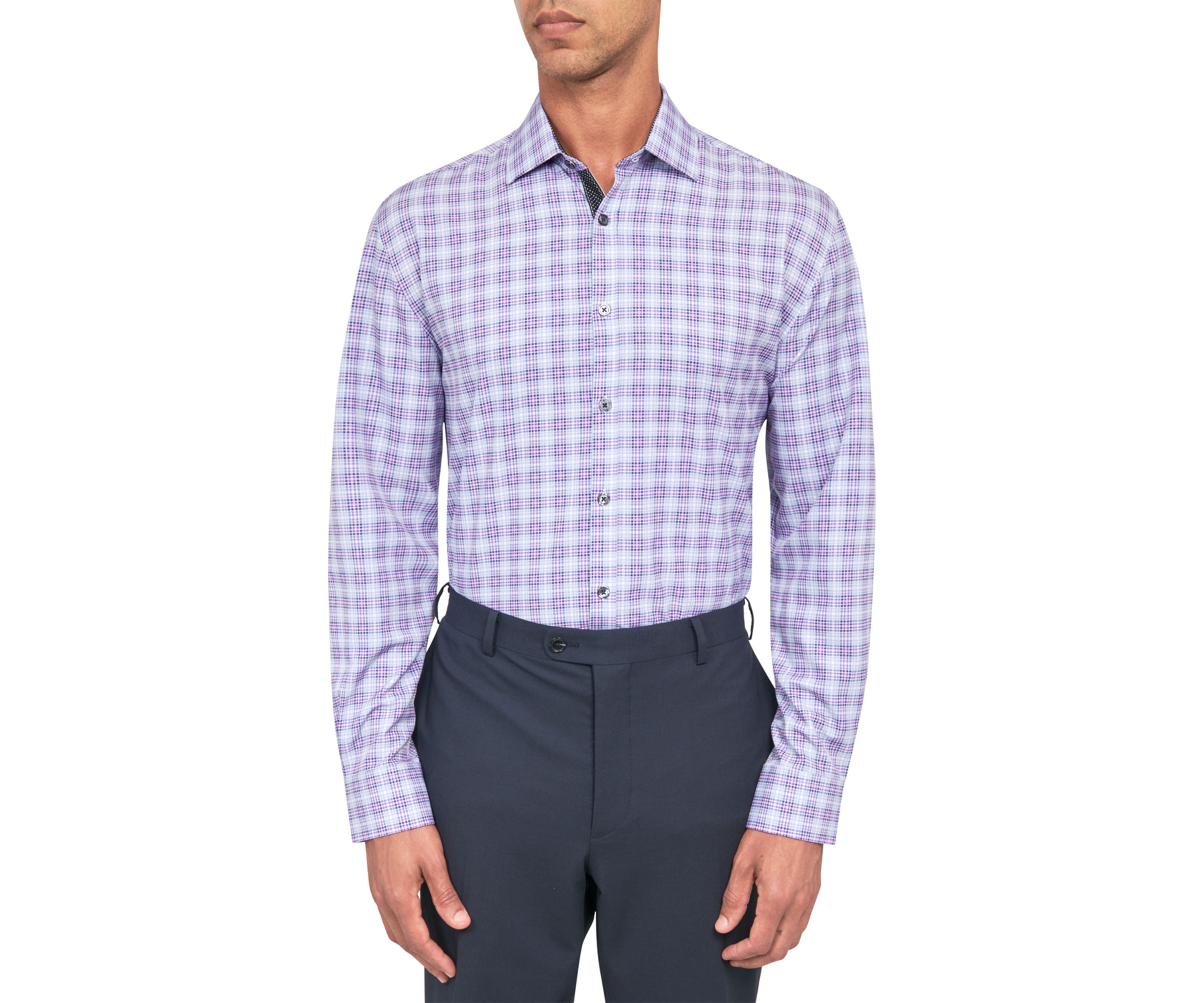 Mens Slim Fit Plaid Performance Stretch Dress Shirt