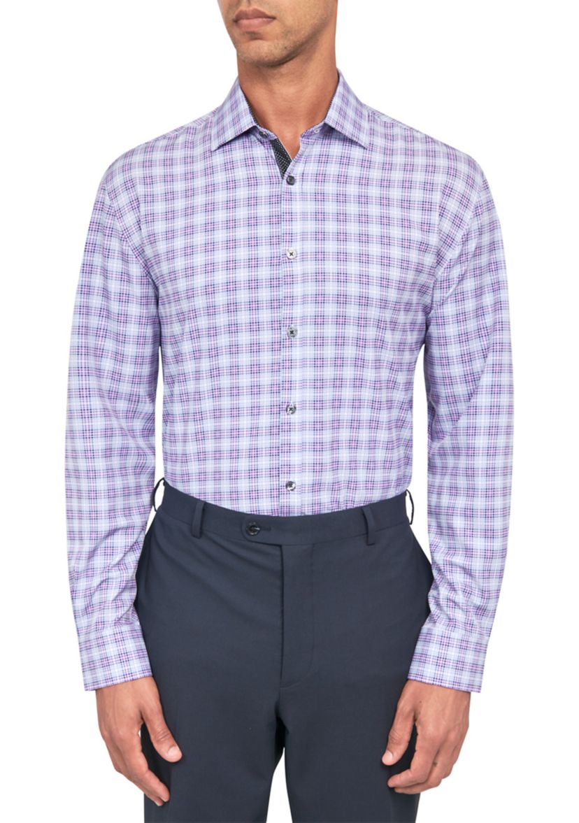 Mens Slim Fit Plaid Performance Stretch Dress Shirt