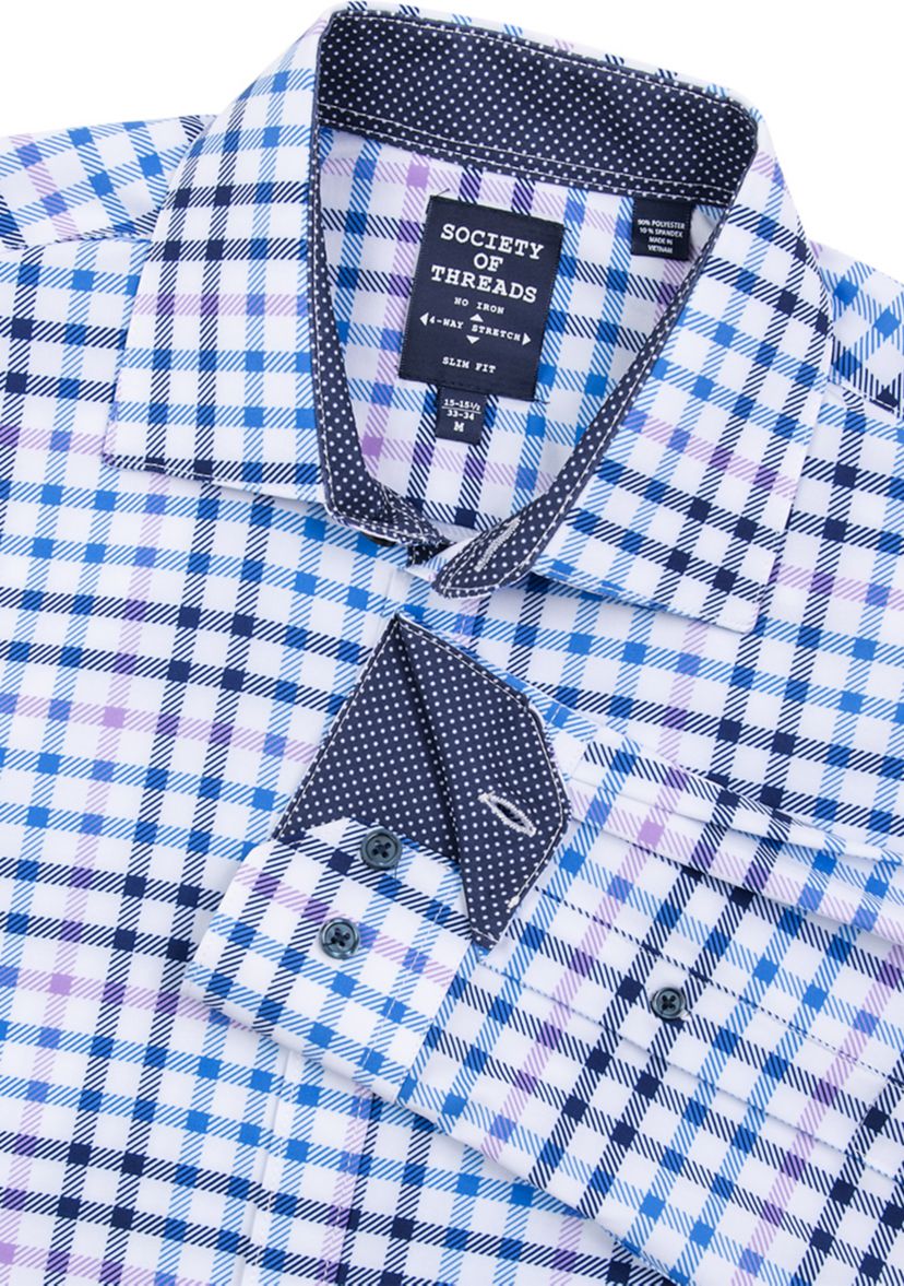 Mens Slim Fit Plaid Print Performance Stretch Dress Shirt