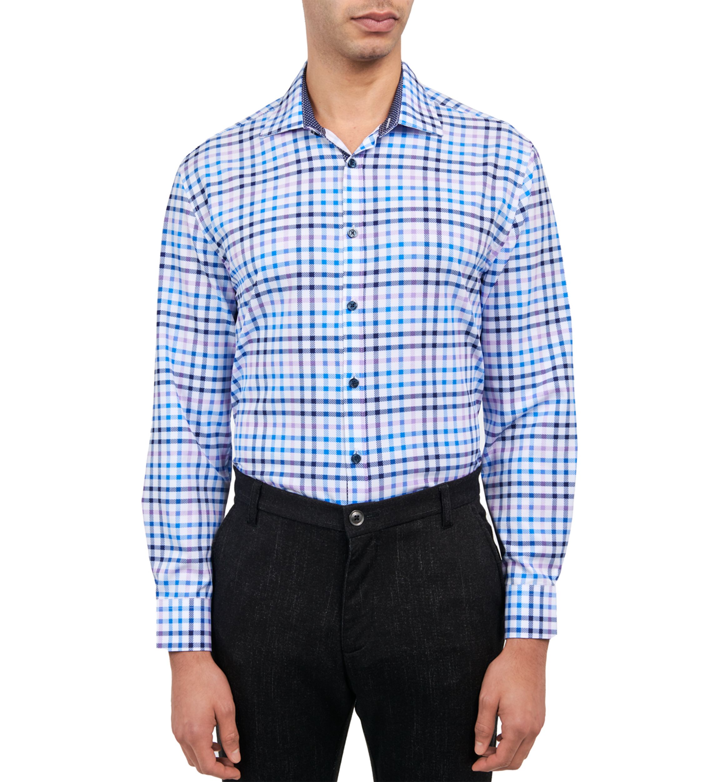 Mens Slim Fit Plaid Print Performance Stretch Dress Shirt