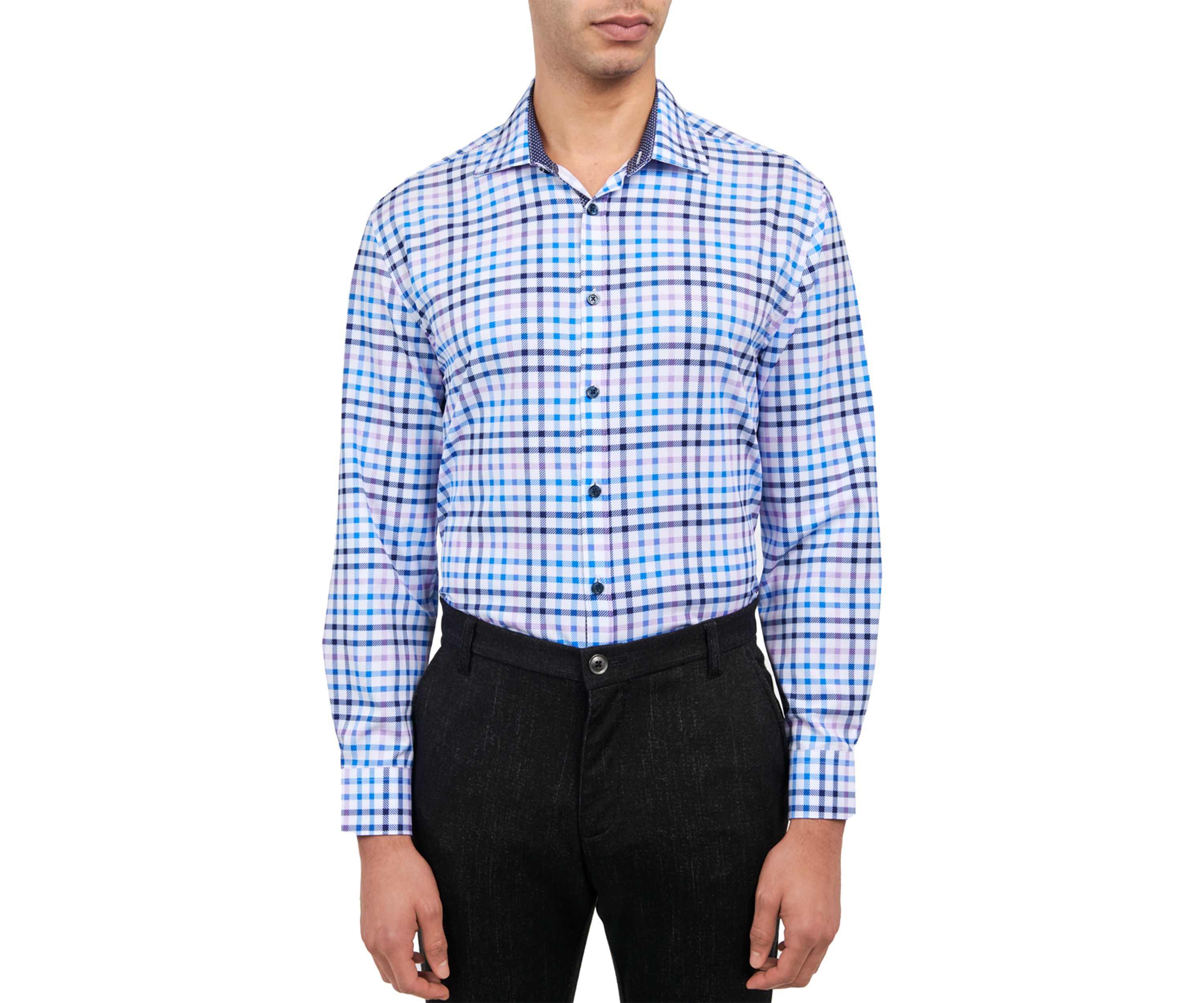 Mens Slim Fit Plaid Print Performance Stretch Dress Shirt