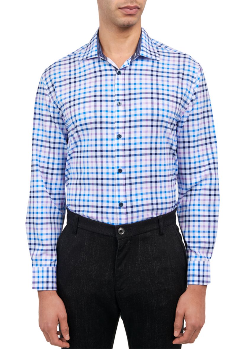 Mens Slim Fit Plaid Print Performance Stretch Dress Shirt