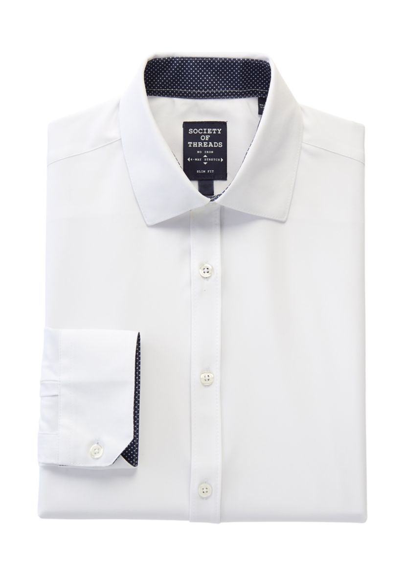 Mens Slim Fit White Solid Performance Stretch Dress Shirt