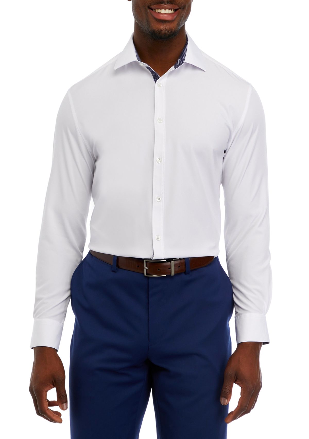 Mens Slim Fit White Solid Performance Stretch Dress Shirt