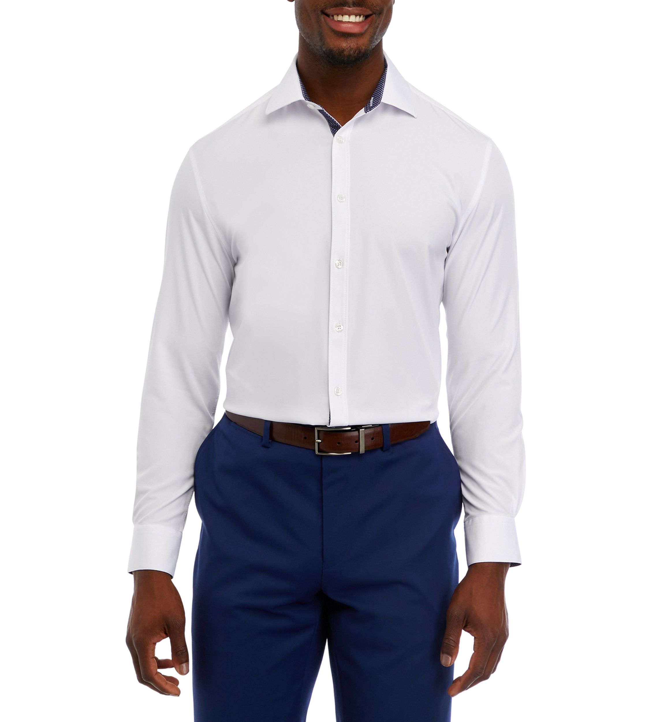 Mens Slim Fit White Solid Performance Stretch Dress Shirt