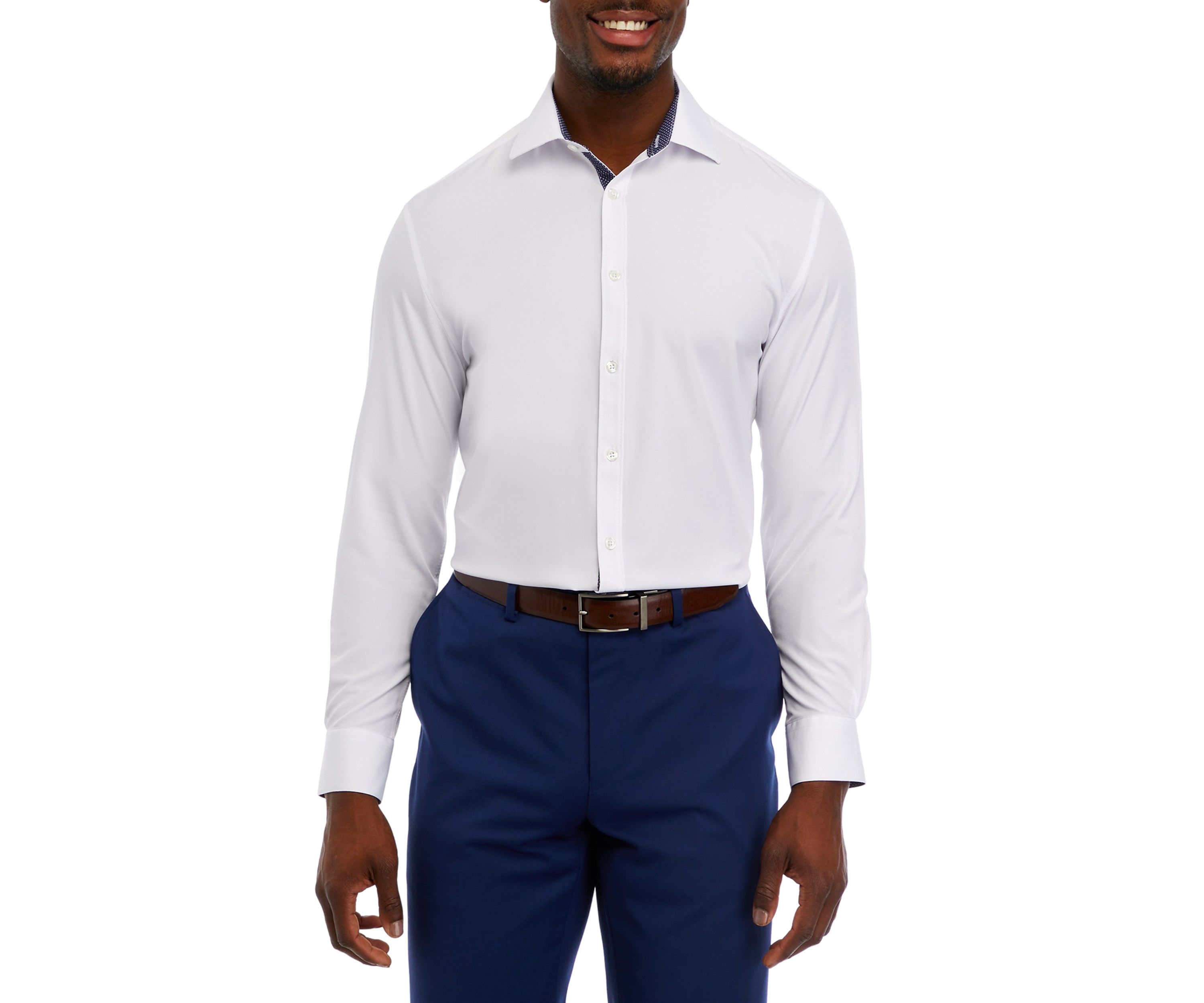 Mens Slim Fit White Solid Performance Stretch Dress Shirt