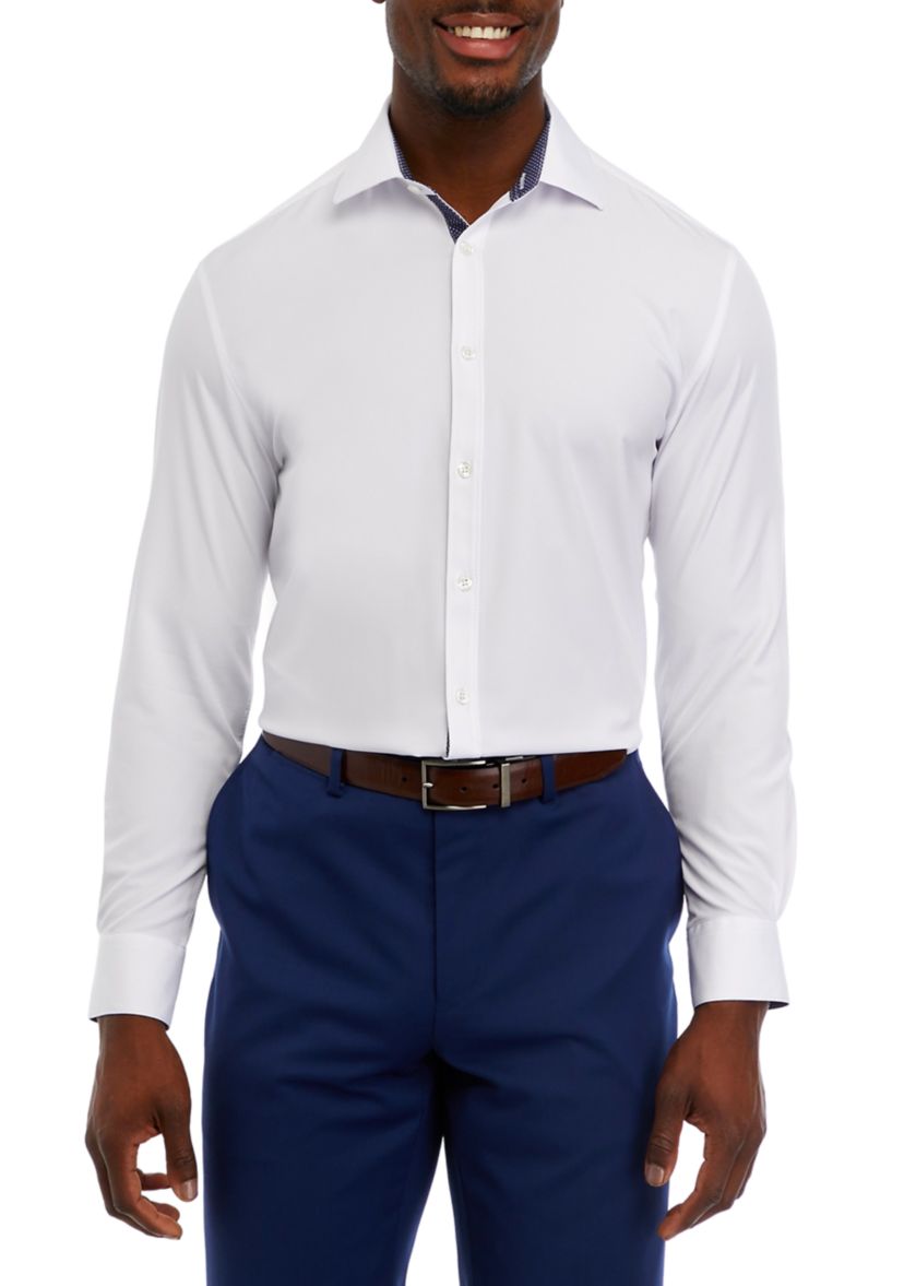 Mens Slim Fit White Solid Performance Stretch Dress Shirt