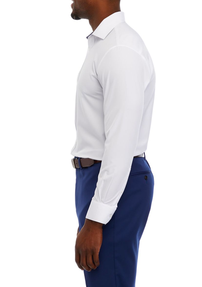 Mens Slim Fit White Solid Performance Stretch Dress Shirt