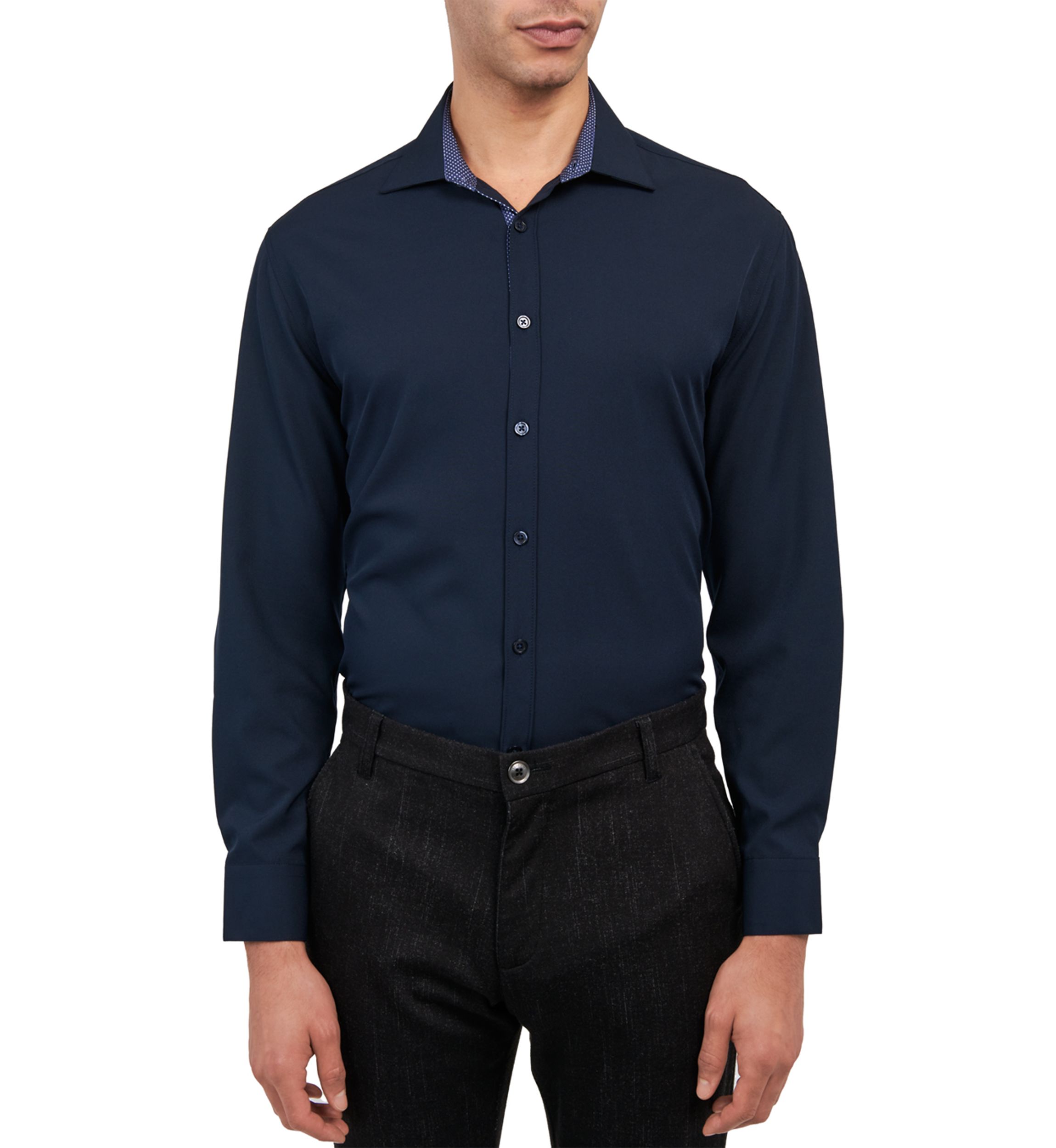 Slim Fit Navy Solid Performance Stretch Dress Shirt