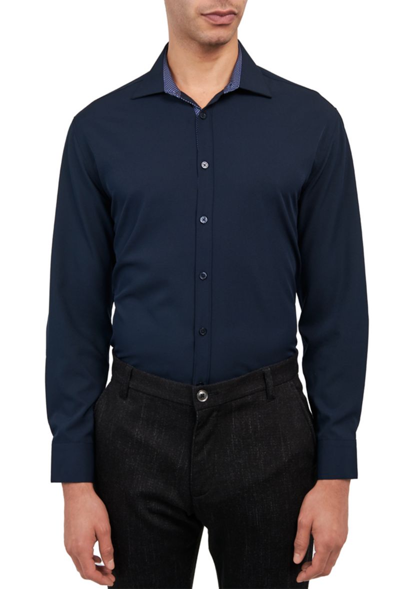 Slim Fit Navy Solid Performance Stretch Dress Shirt