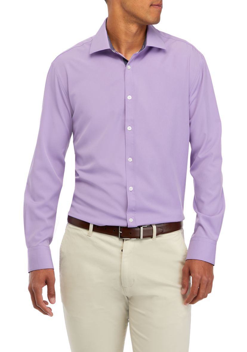 Mens Slim Fit Lavender Solid Performance Stretch Dress Shirt
