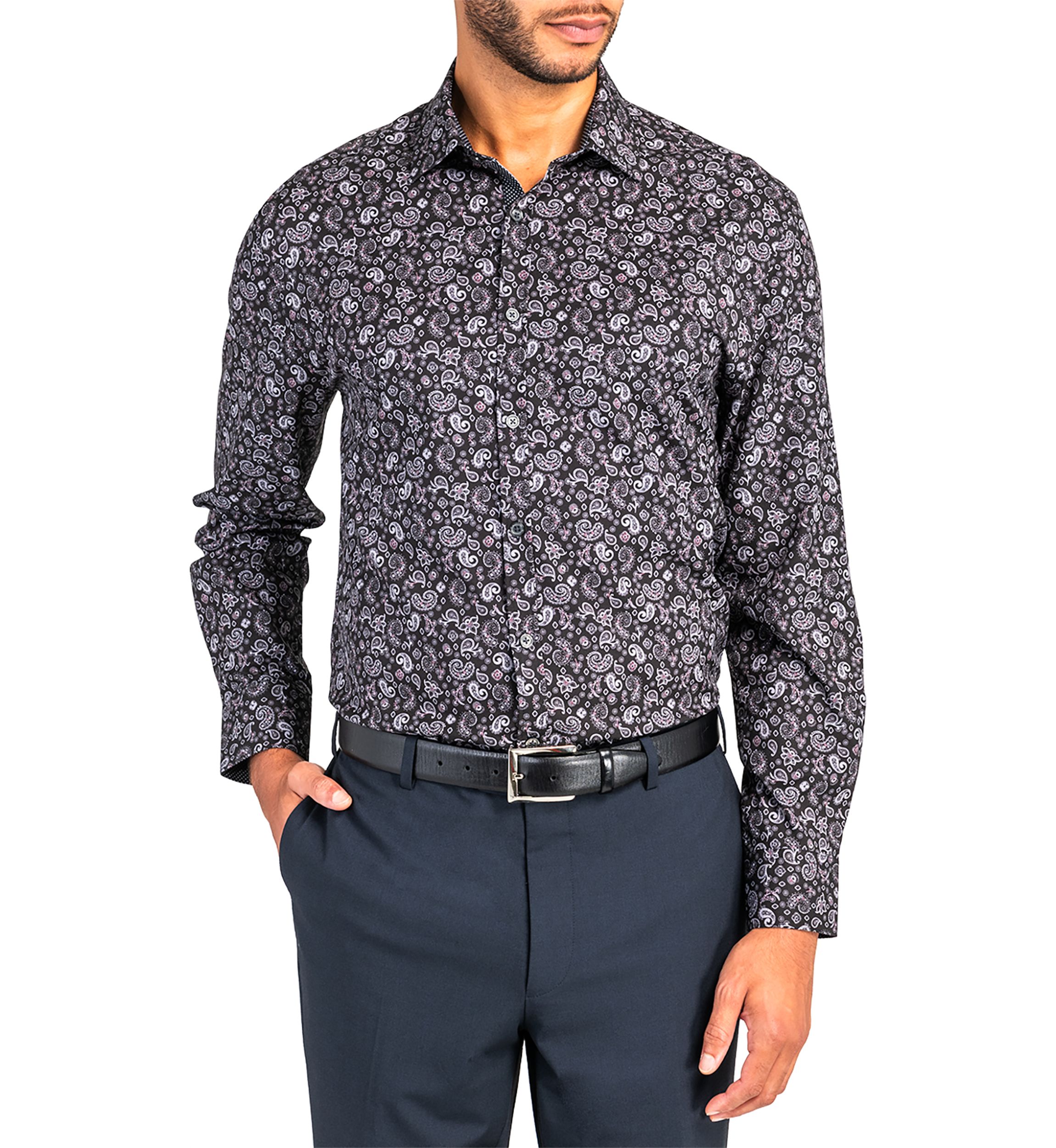 Slim Fit Black Paisley Performance Stretch Dress Shirt