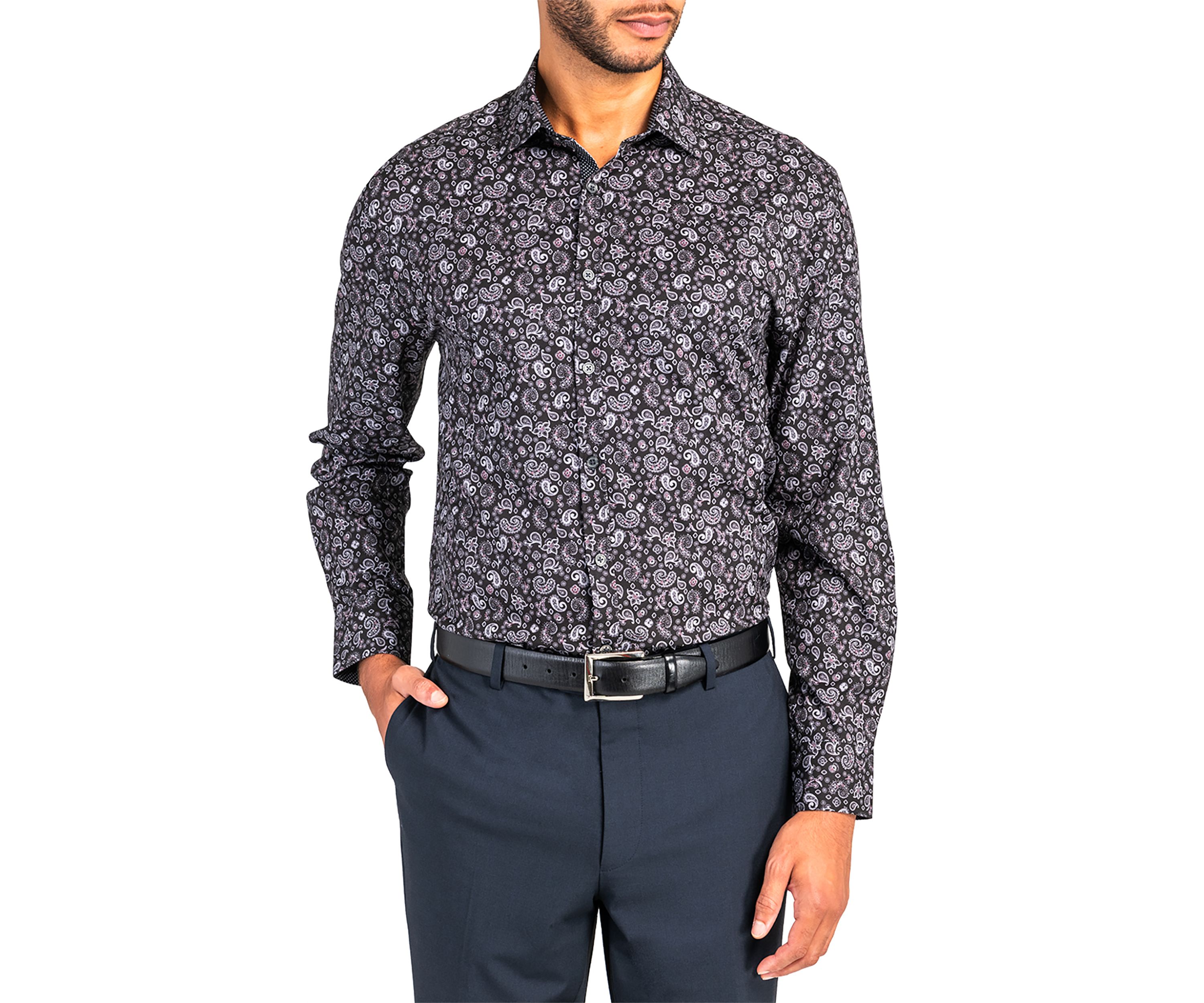 Slim Fit Black Paisley Performance Stretch Dress Shirt