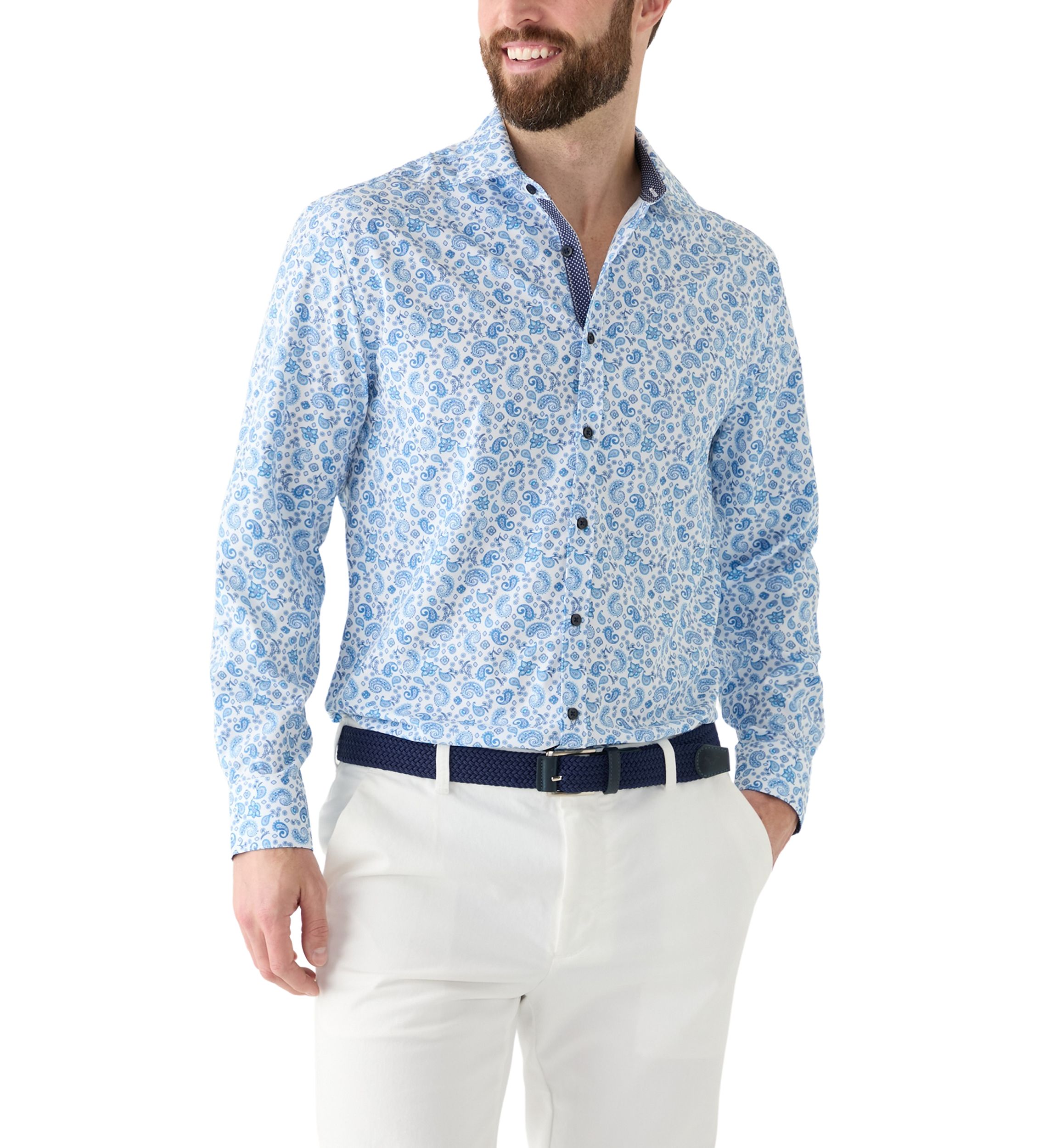 Slim Fit Light Blue Paisley Performance Stretch Dress Shirt